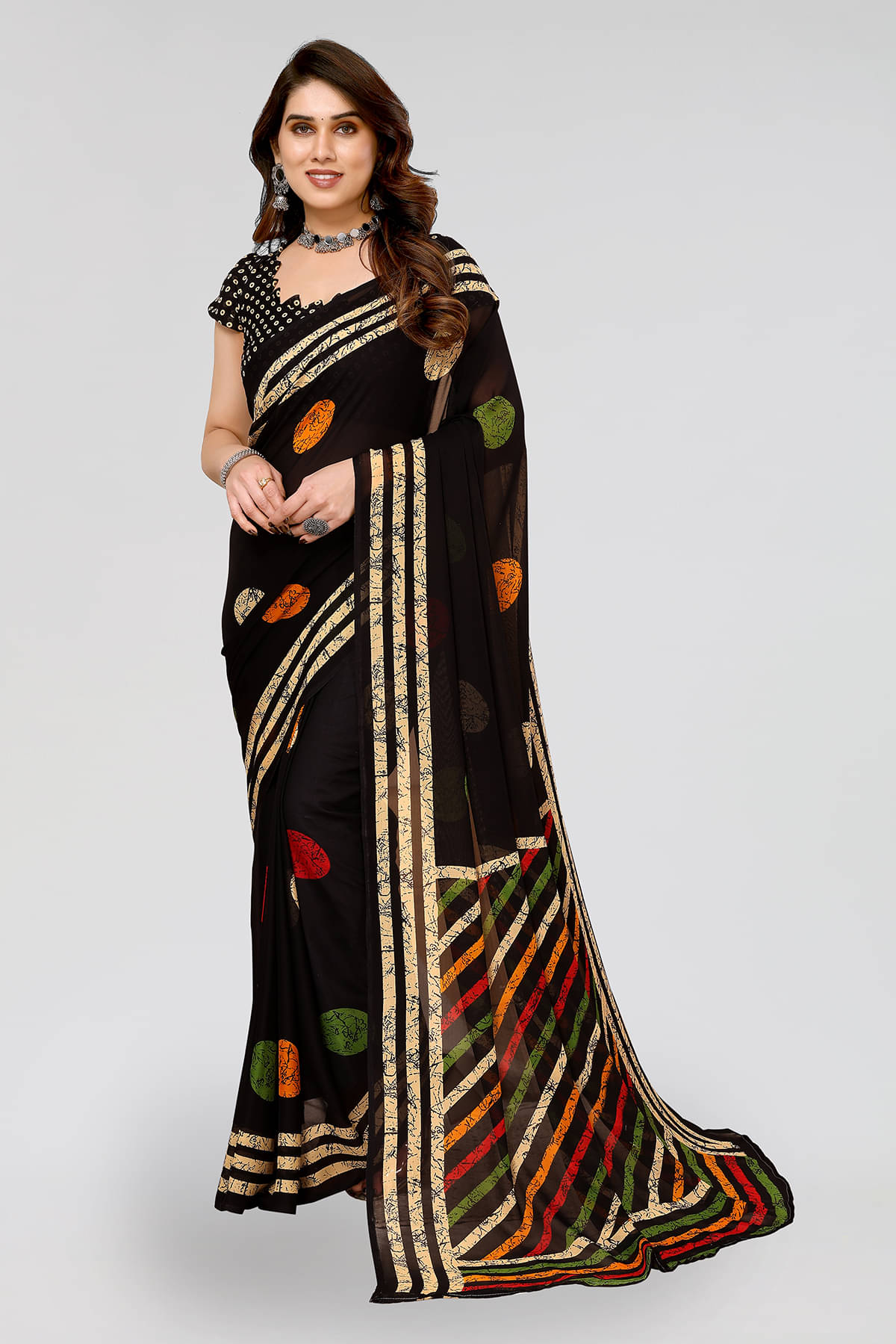 ANAND SAREES Georgette Printed Chanderi saree With Unstitched Blouse Piece ( Black ) ANAND SAREES Georgette Printed Chanderi saree With Unstitched Blouse Piece ( Black )