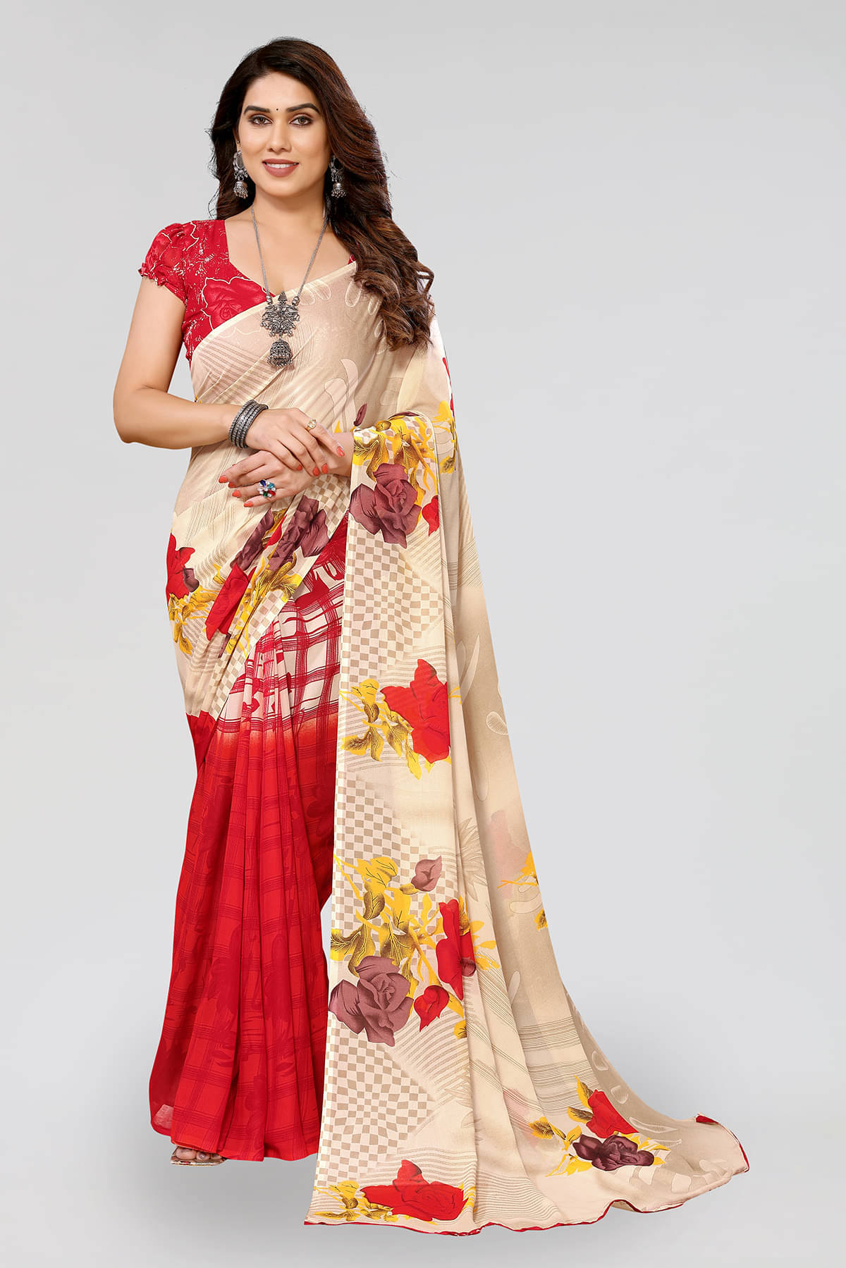     			ANAND SAREES Georgette Printed Chanderi saree With Unstitched Blouse Piece ( Red )