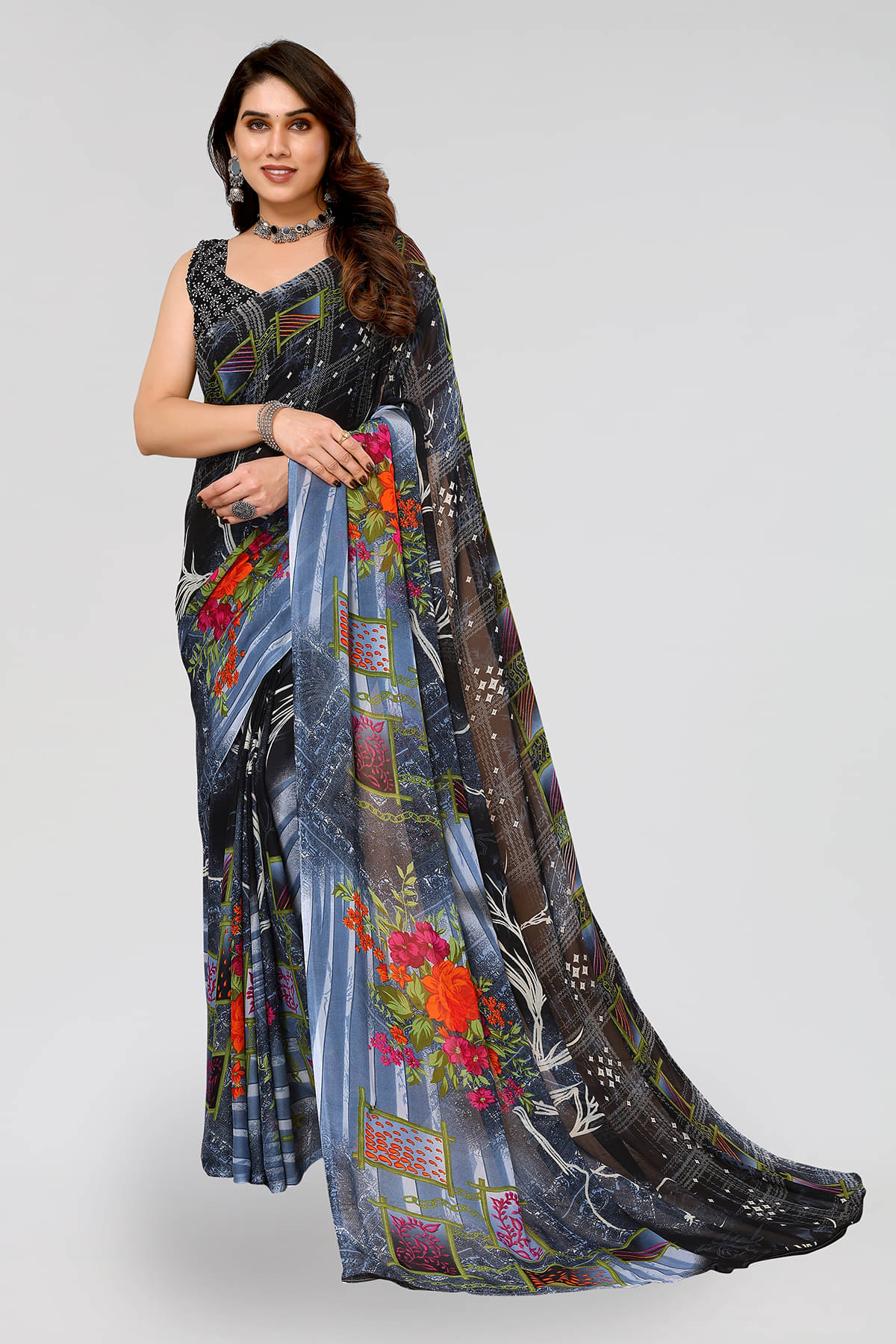 ANAND SAREES Georgette Printed Chanderi saree With Unstitched Blouse Piece ( Grey ) ANAND SAREES Georgette Printed Chanderi saree With Unstitched Blouse Piece ( Grey )