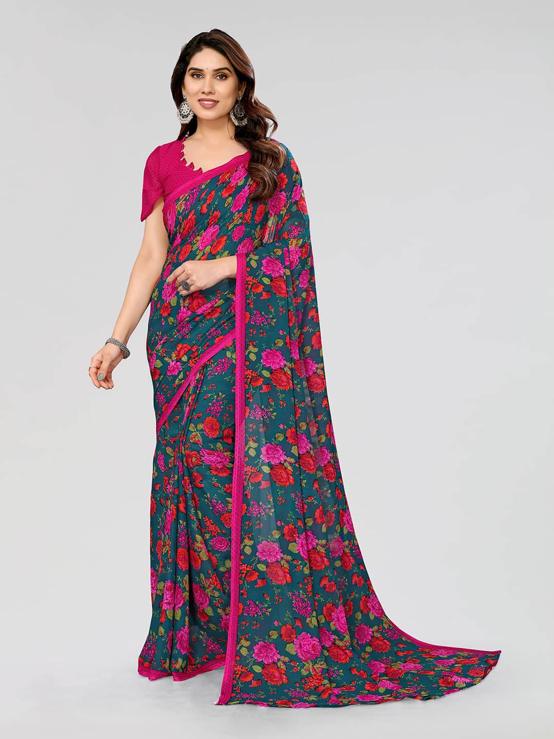ANAND SAREES Georgette Printed Chanderi saree With Unstitched Blouse Piece ( Rama ) ANAND SAREES Georgette Printed Chanderi saree With Unstitched Blouse Piece ( Rama )