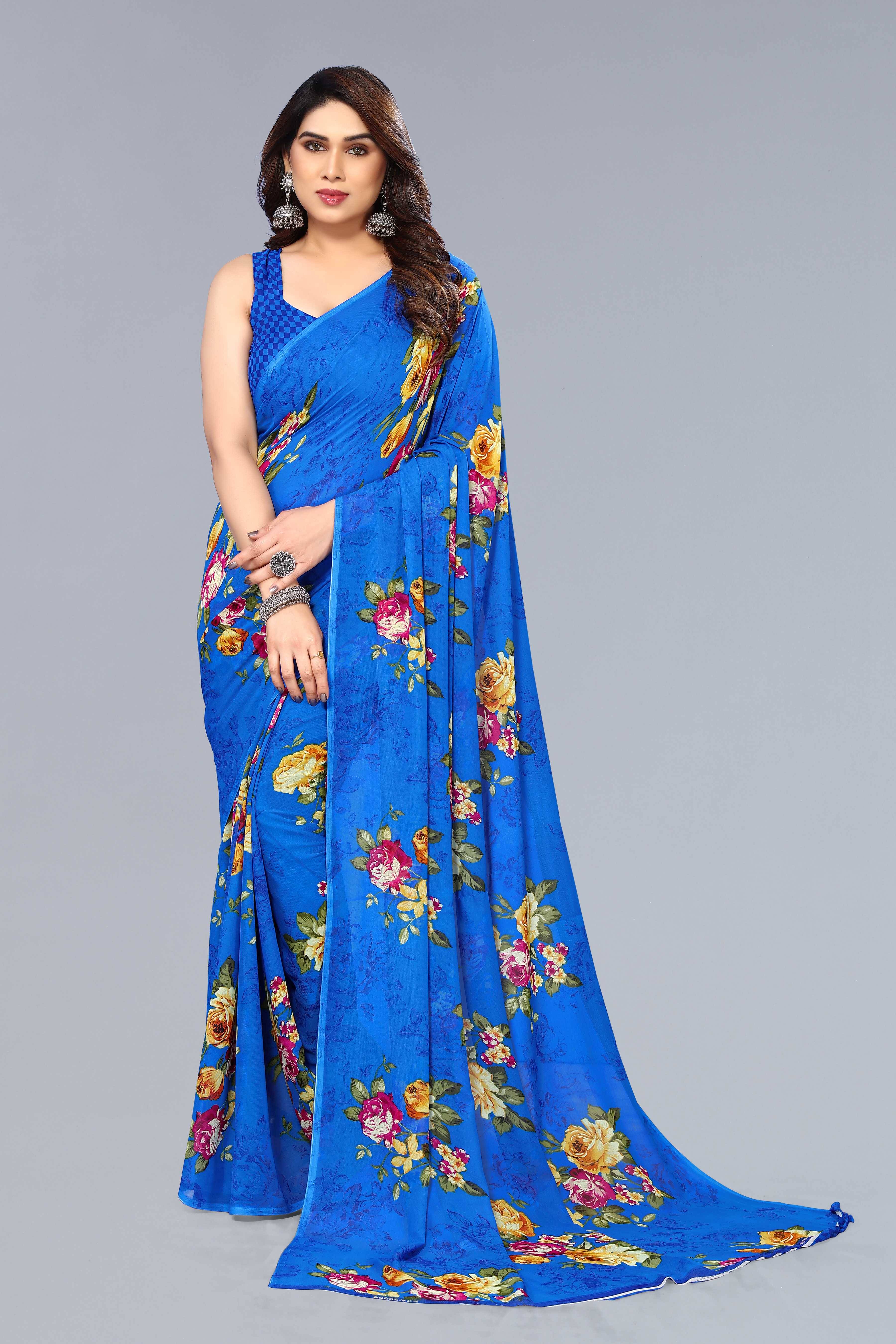 ANAND SAREES Georgette Printed Chanderi saree With Unstitched Blouse Piece ( Blue ) ANAND SAREES Georgette Printed Chanderi saree With Unstitched Blouse Piece ( Blue )