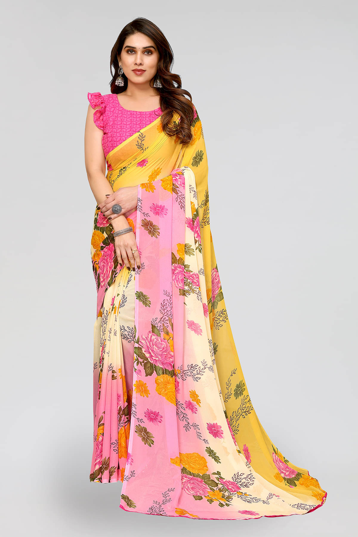    			ANAND SAREES Georgette Printed Chanderi saree With Unstitched Blouse Piece ( Pink )