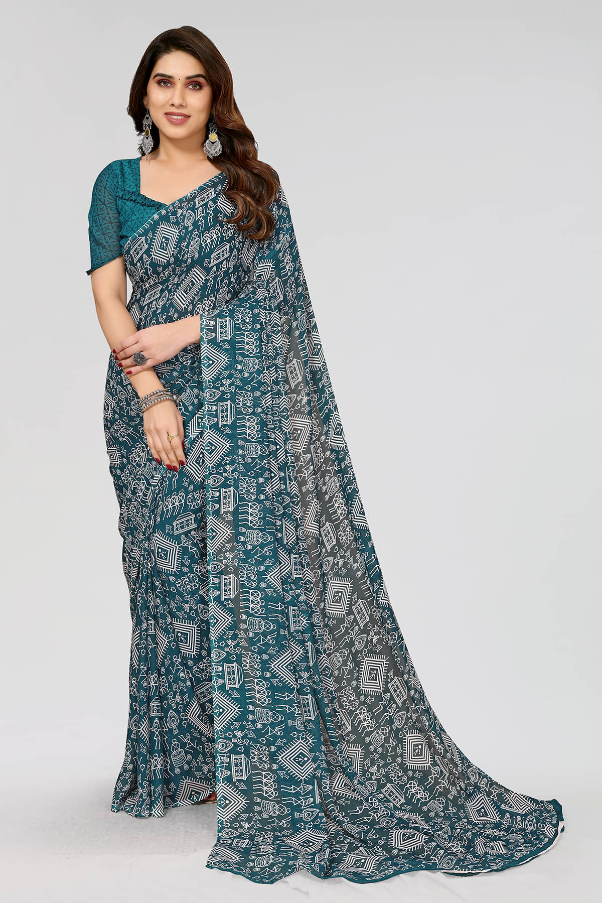     			ANAND SAREES Georgette Printed Chanderi saree With Unstitched Blouse Piece ( Rama )
