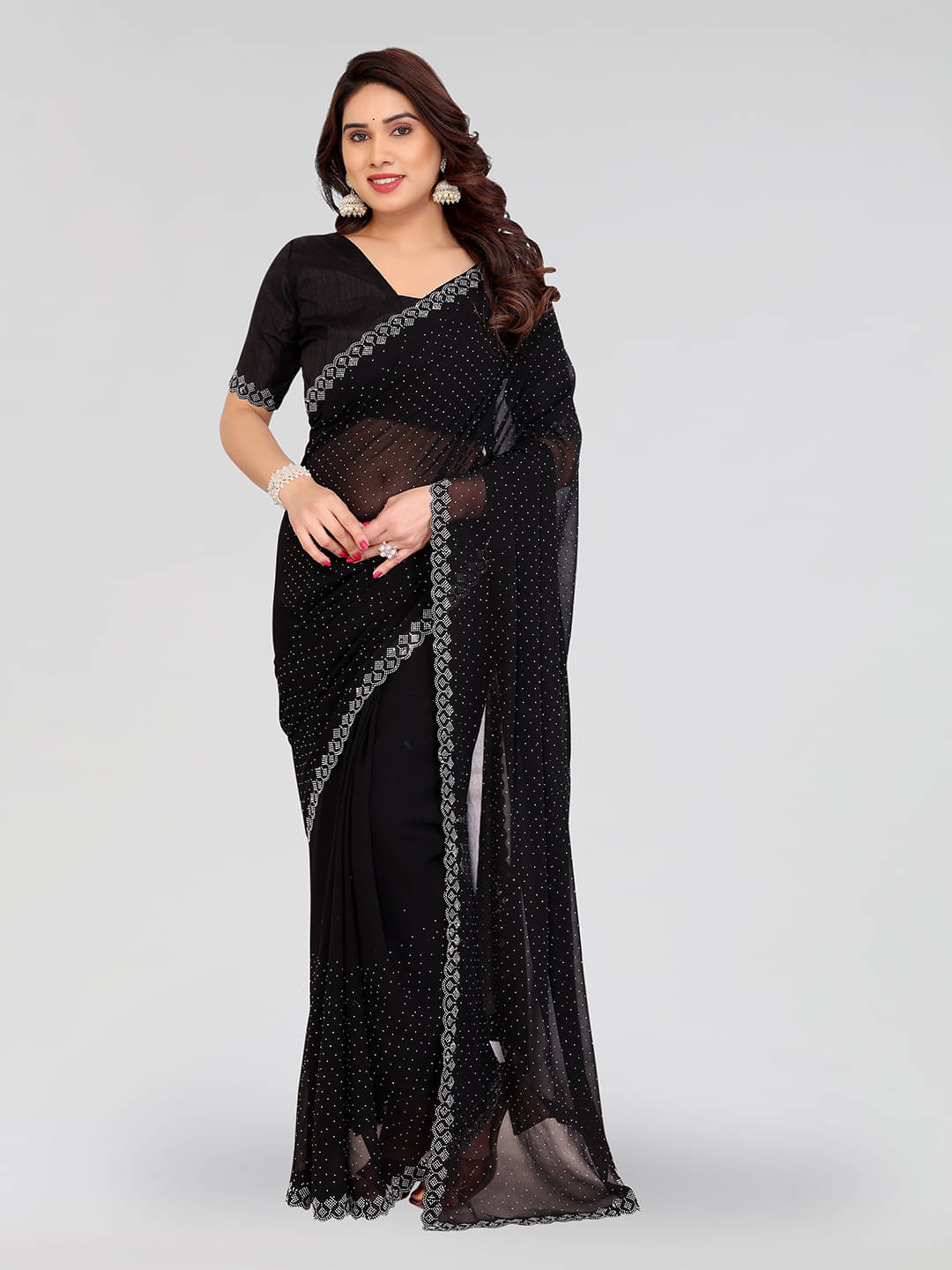     			ANAND SAREES Georgette Self Design Kasavu Saree With Unstitched Blouse Piece ( Black )