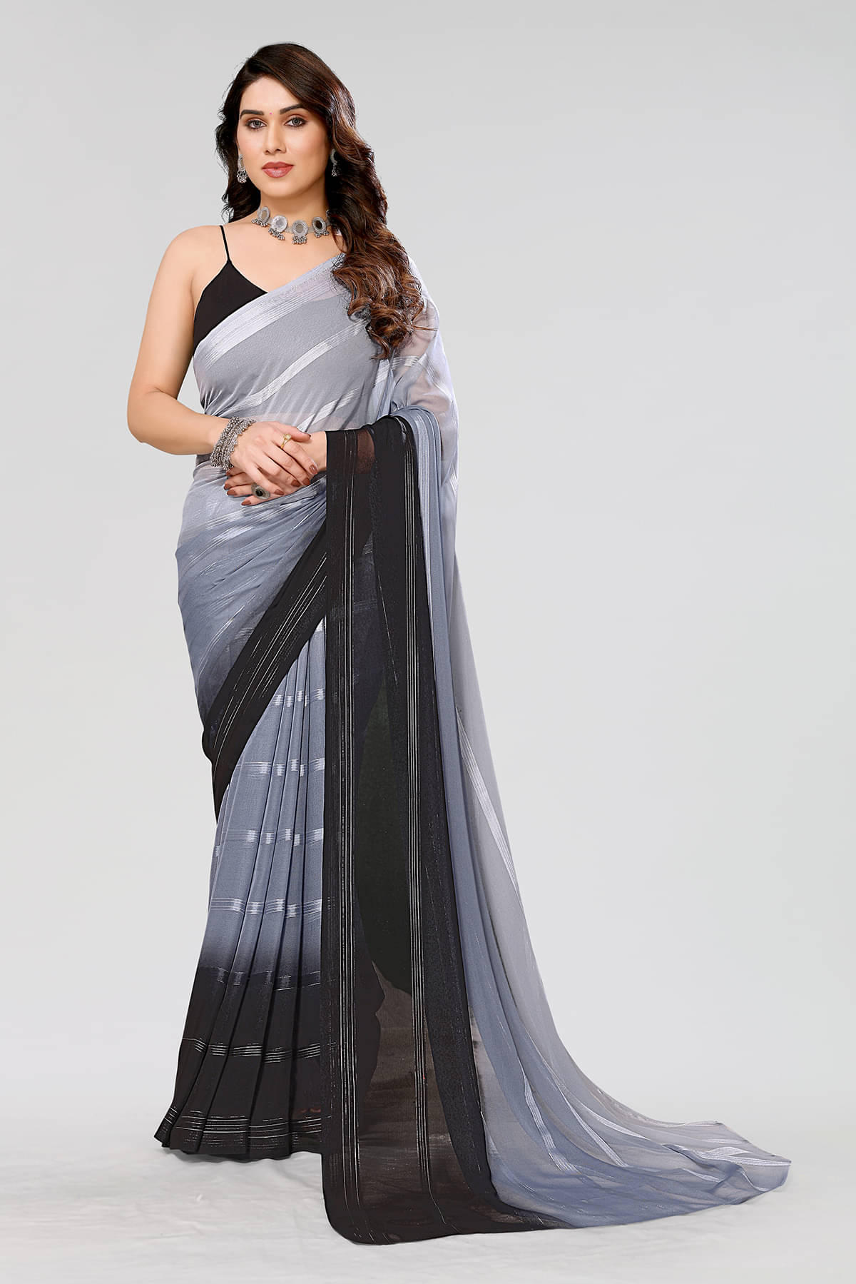 ANAND SAREES Satin Embellished Kasavu Saree With Unstitched Blouse Piece ( Grey ) ANAND SAREES Satin Embellished Kasavu Saree With Unstitched Blouse Piece ( Grey )