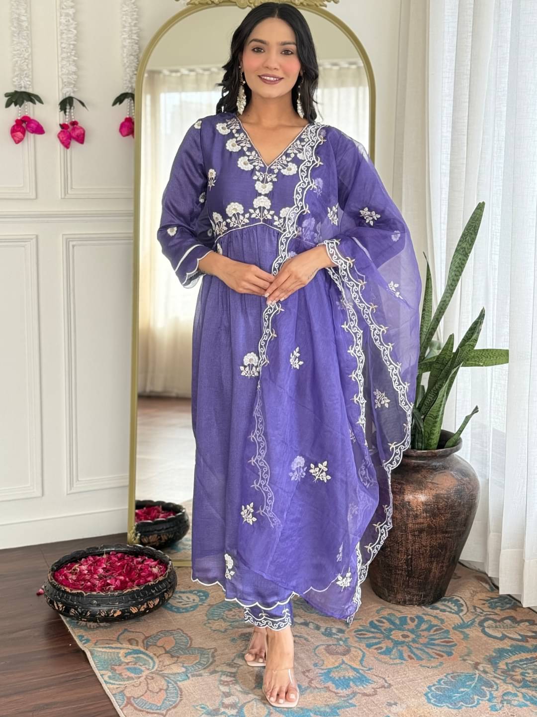     			ARISEN Store Women Silk Blend Embroidered Anarkali Kurti With Pants ( Lavender )