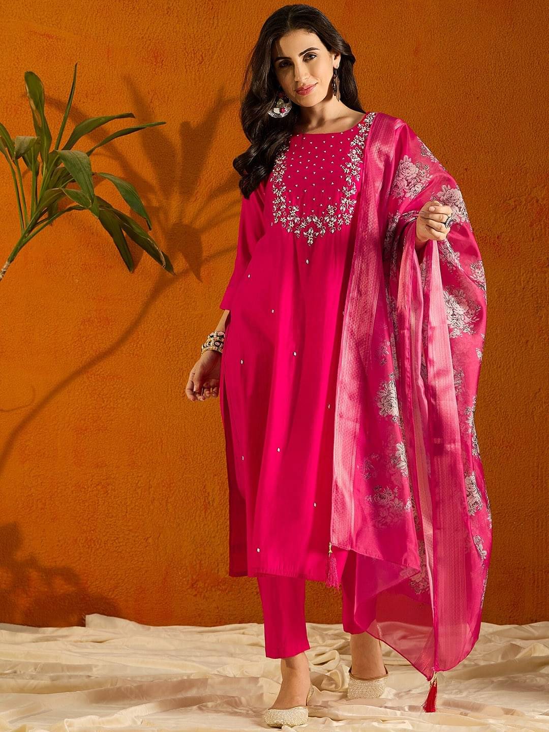 ARISEN Store Women Silk Blend Embroidered Straight Kurti With Pants ( Pink ) ARISEN Store Women Silk Blend Embroidered Straight Kurti With Pants ( Pink )
