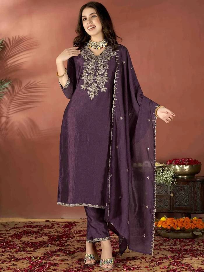 ARISEN Store Women Silk Blend Embroidered Straight Kurti With Pants ( Purple ) ARISEN Store Women Silk Blend Embroidered Straight Kurti With Pants ( Purple )