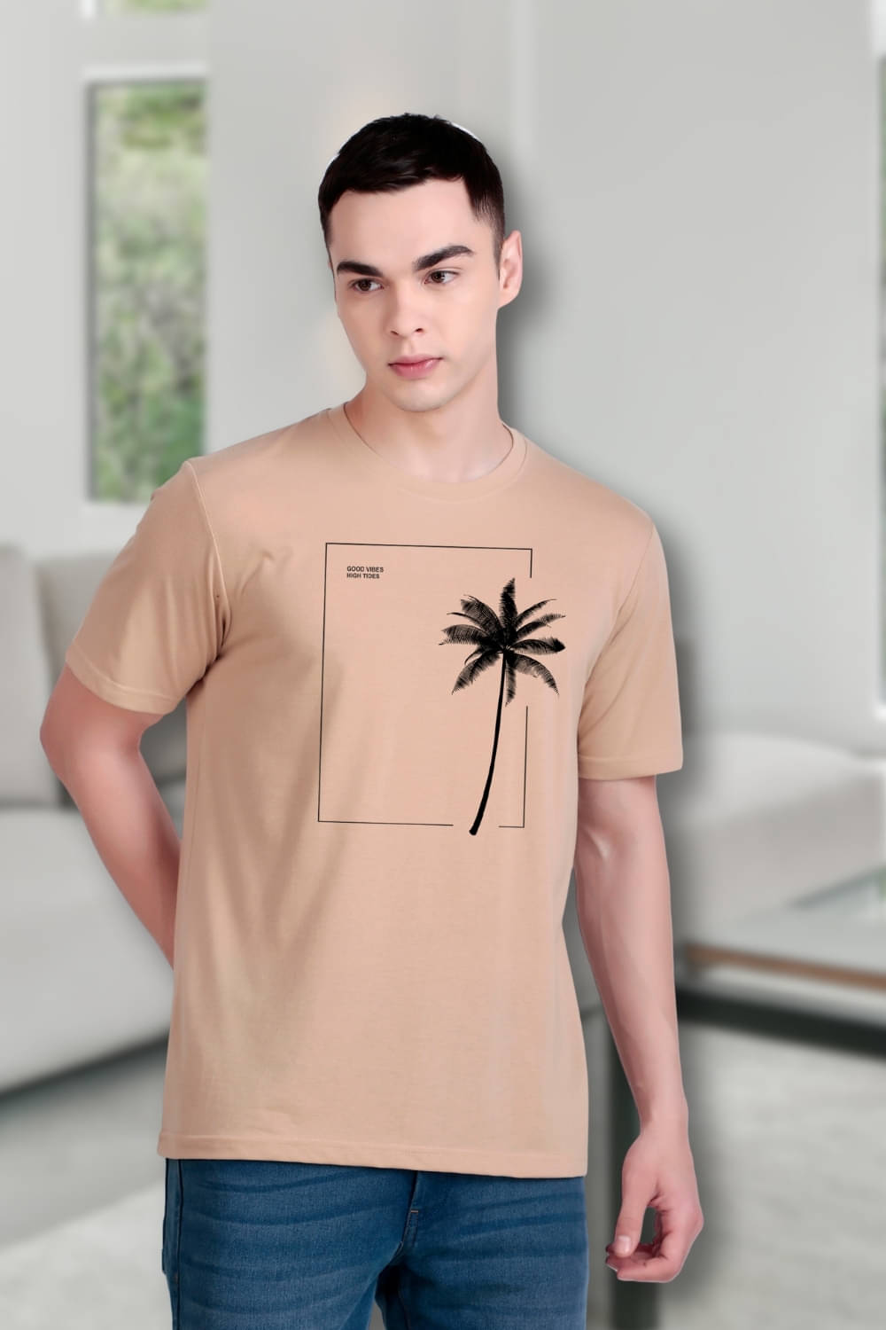 FLYIND VOGUE OUTFIT Men Polyester Regular Fit Self Design T-Shirt ( Beige )     			FLYIND VOGUE OUTFIT Men Polyester Regular Fit Self Design T-Shirt ( Beige )