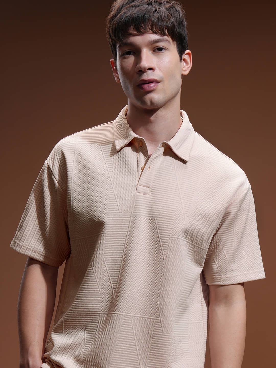 Highlander Men Polyester Relaxed Fit Self Design Polo T Shirt ( Peach )