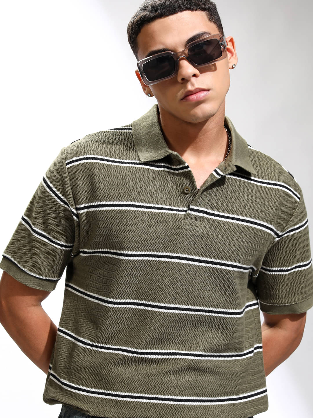 Highlander Men Polyester Relaxed Fit Striped Polo T Shirt ( Olive ) Highlander Men Polyester Relaxed Fit Striped Polo T Shirt ( Olive )