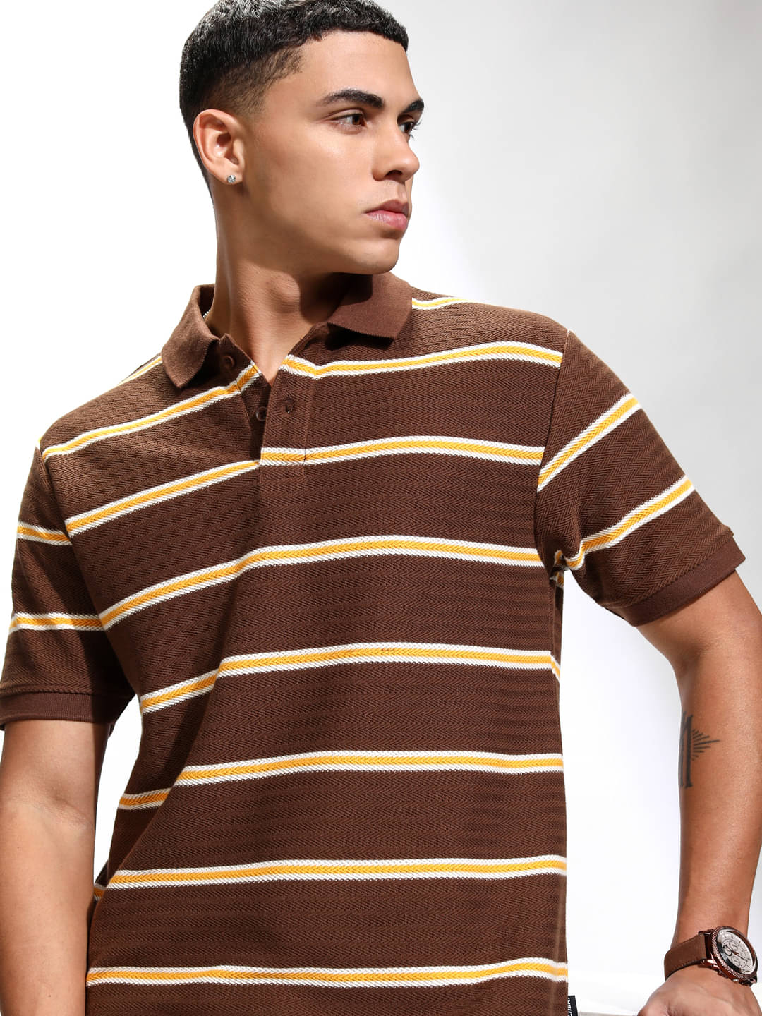 Highlander Men Polyester Relaxed Fit Striped Polo T Shirt ( Brown ) Highlander Men Polyester Relaxed Fit Striped Polo T Shirt ( Brown )