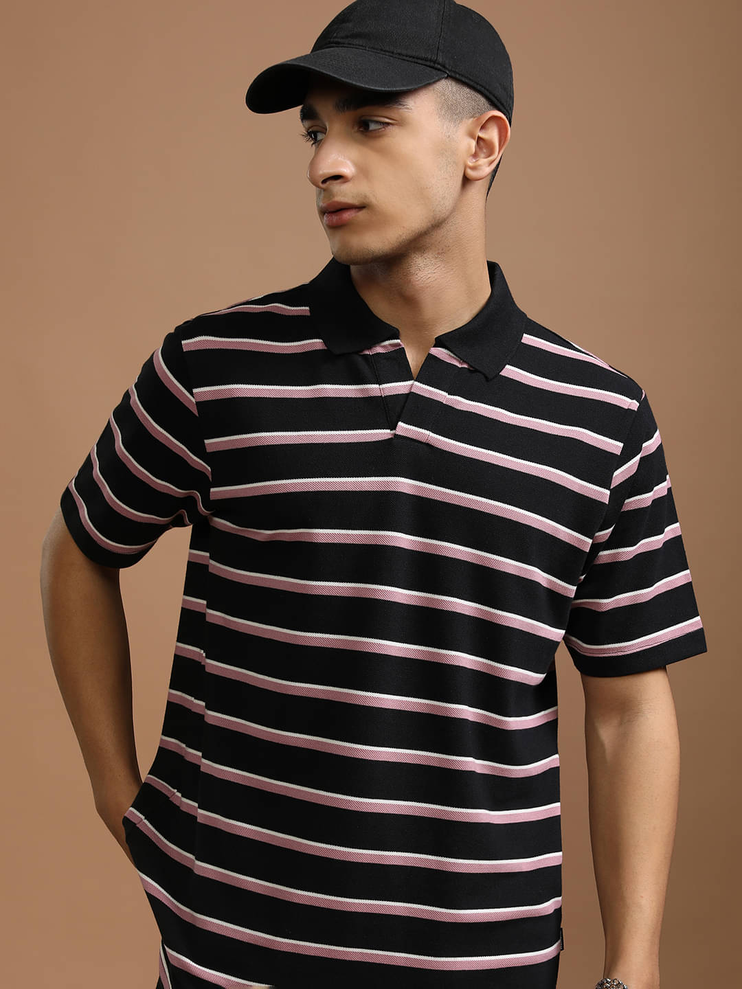 Highlander Men Polyester Relaxed Fit Striped Polo T Shirt ( Black )     			Highlander Men Polyester Relaxed Fit Striped Polo T Shirt ( Black )