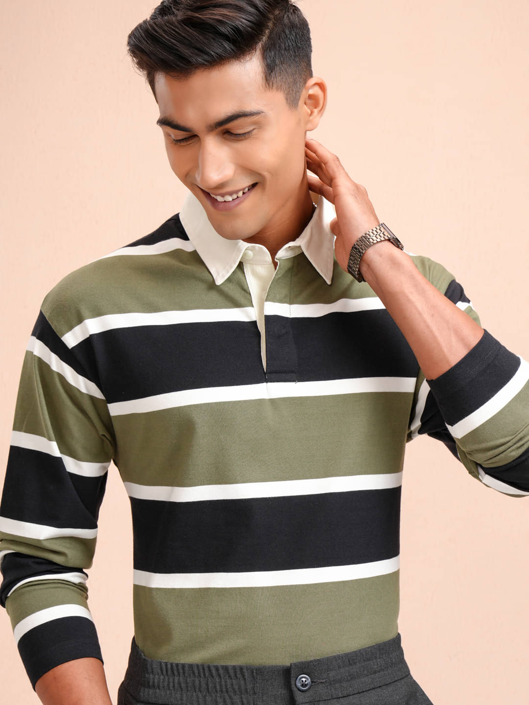     			Highlander Men Polyester Relaxed Fit Striped Polo T Shirt ( Black )