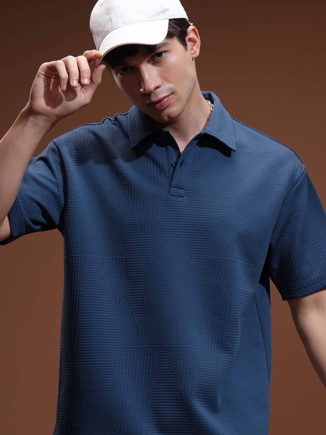 Highlander Men Polyester Relaxed Fit Self Design Polo T Shirt ( Blue )