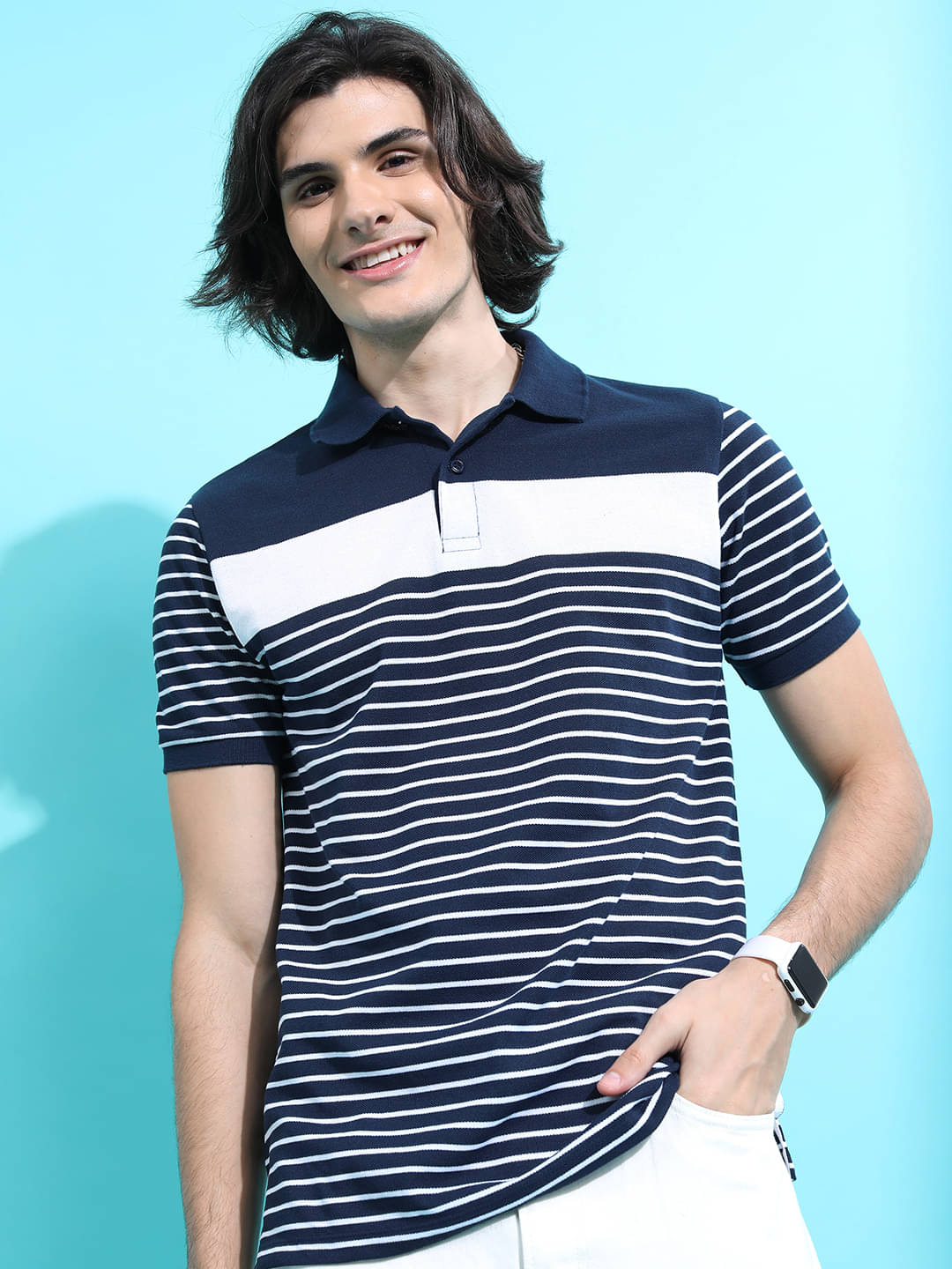    			Highlander Men Polyester Slim Fit Striped Polo T Shirt ( Blue )