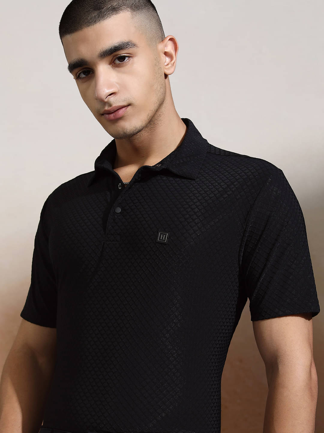     			Highlander Men Polyester Slim Fit Self Design Polo T Shirt ( Black )
