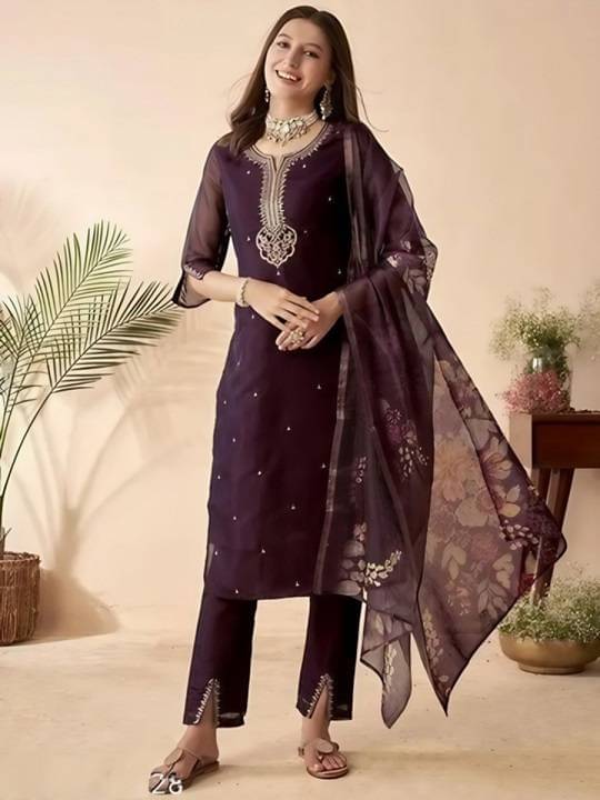     			Krisio Women Chanderi Silk Embroidered Straight Kurti With Pants ( Purple )