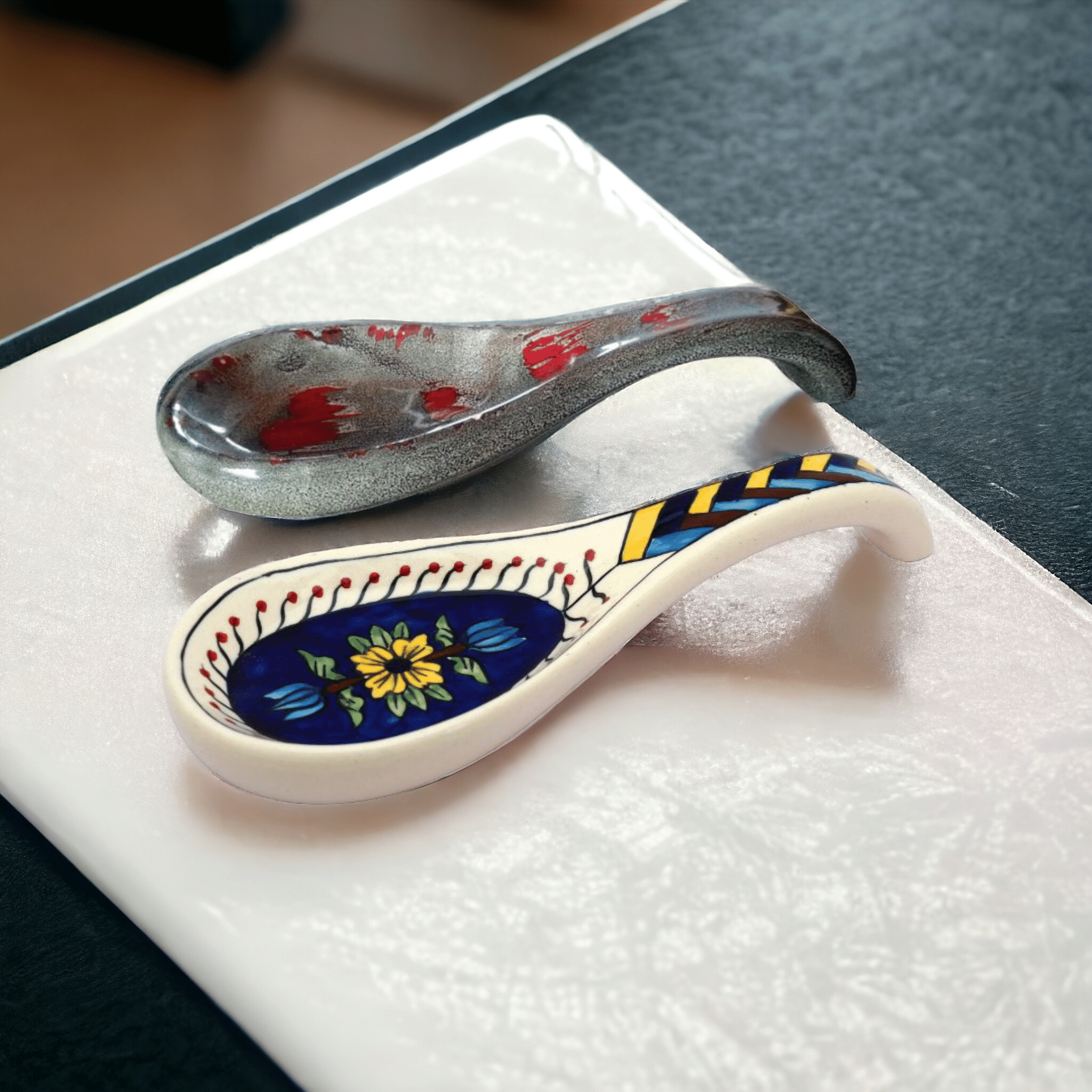 Malaikah Blue And Red Long Spoon Rest Ceramic Table Spoon Multi Color ( Pack of 2 ) Malaikah Blue And Red Long Spoon Rest Ceramic Table Spoon Multi Color ( Pack of 2 )
