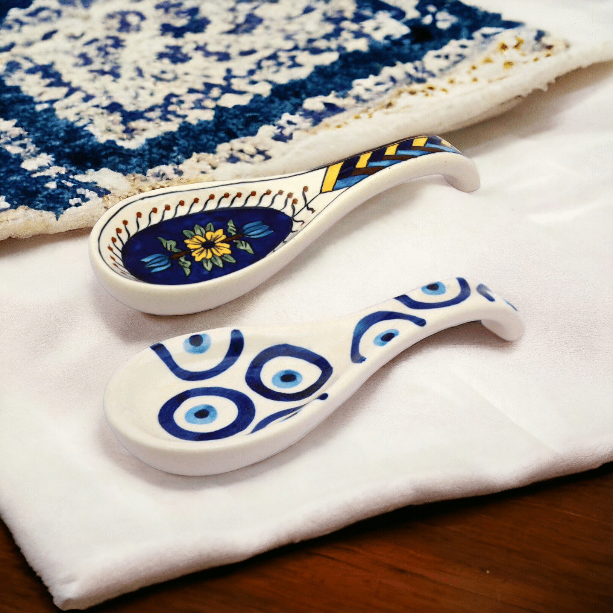     			Malaikah Blue And White Blueprint Long Spoon Rest Ceramic Table Spoon Multi Color ( Pack of 2 )
