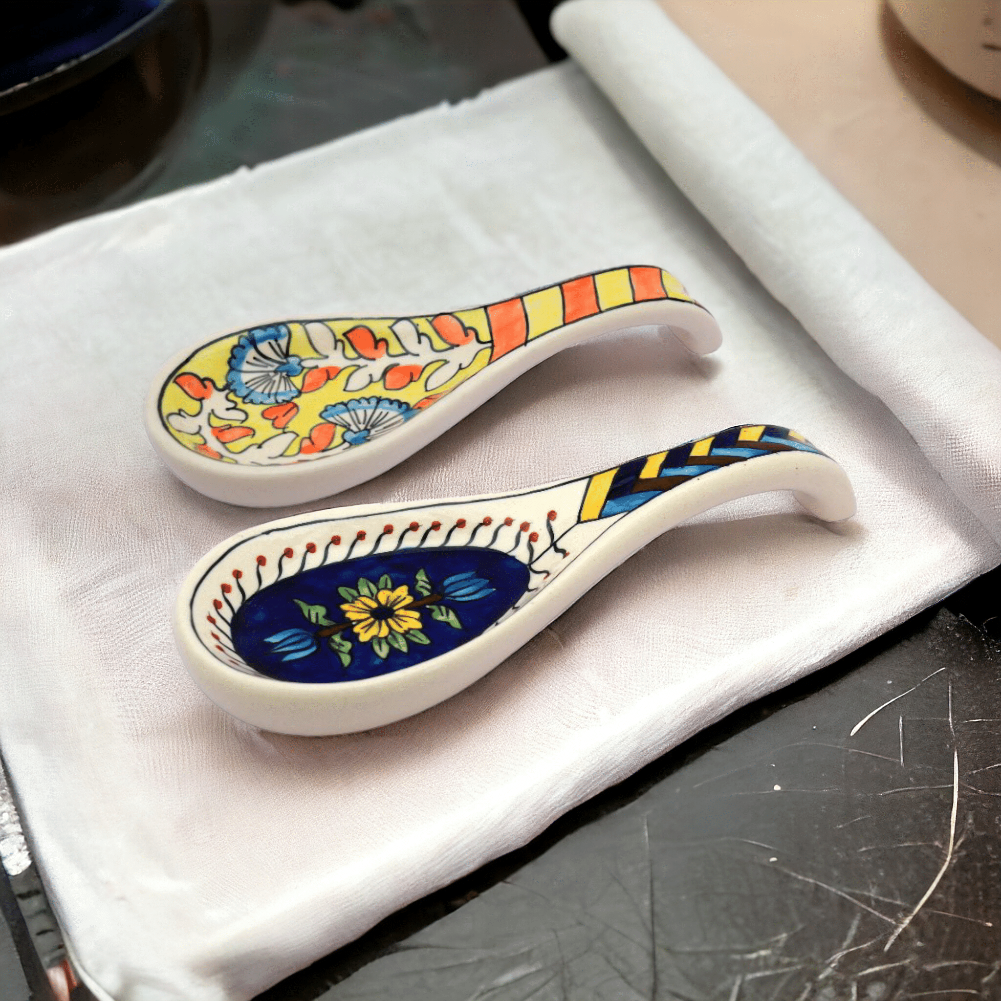 Malaikah Blue And Yellow Long Spoon Rest Ceramic Table Spoon Multi Color ( Pack of 2 ) Malaikah Blue And Yellow Long Spoon Rest Ceramic Table Spoon Multi Color ( Pack of 2 )