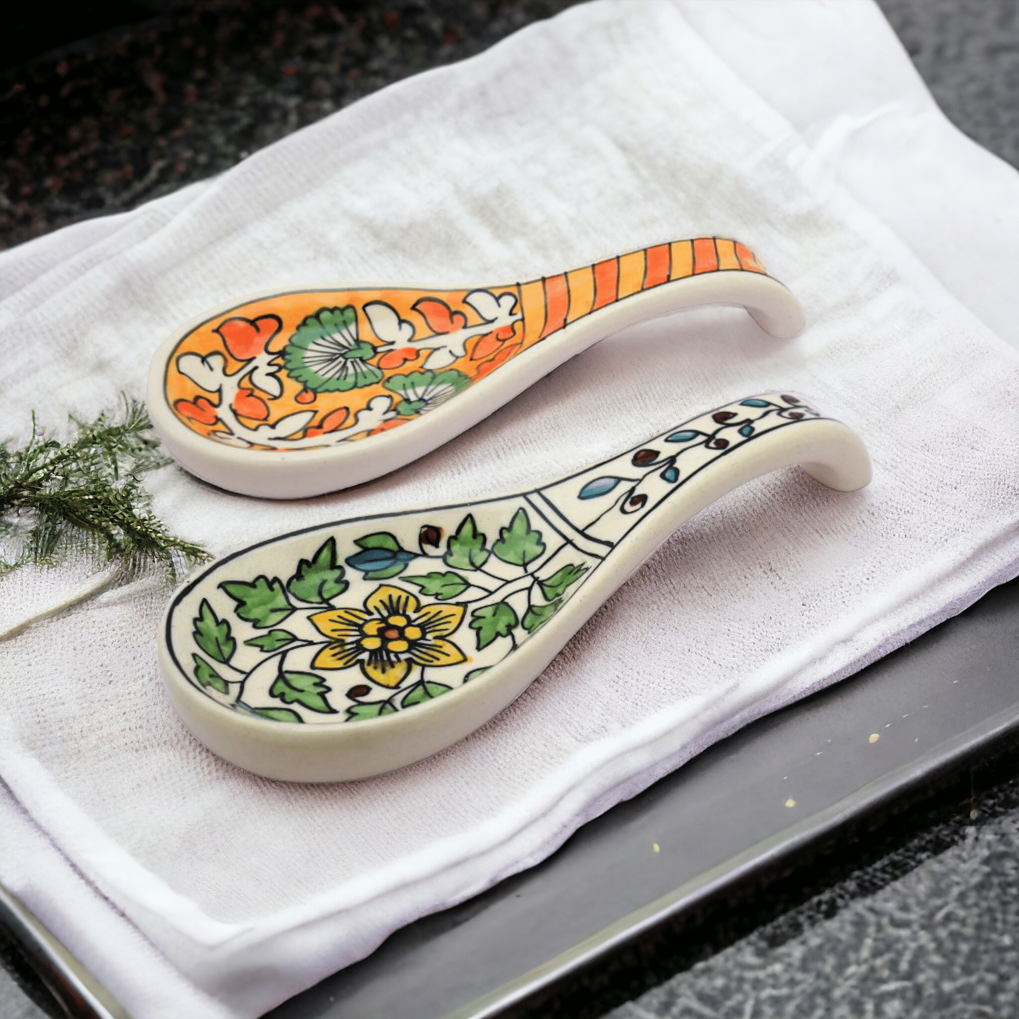 Malaikah Orange And Green Long spoon Rest Ceramic Table Spoon Multi Color ( Pack of 2 ) Malaikah Orange And Green Long spoon Rest Ceramic Table Spoon Multi Color ( Pack of 2 )