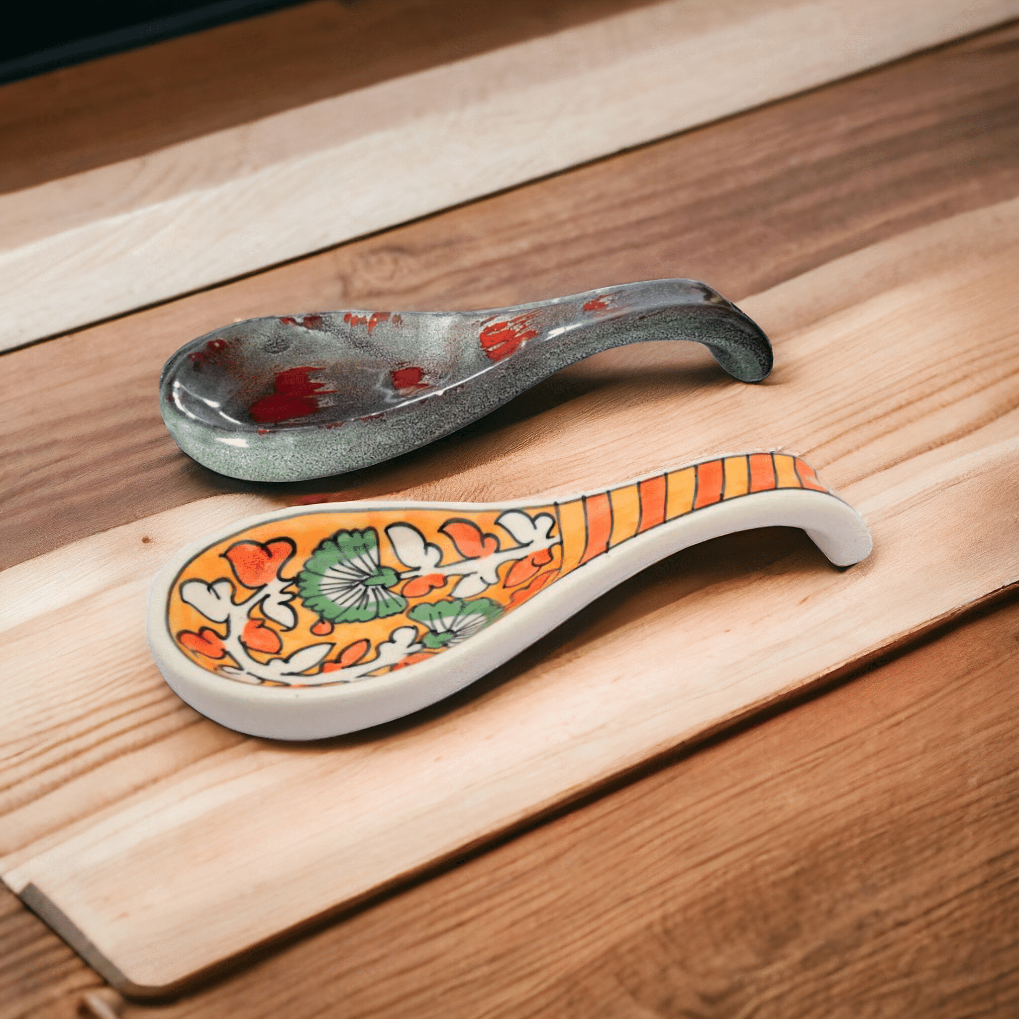 Malaikah Orange And Red Long Spoon Rest Ceramic Table Spoon Multi Color ( Pack of 2 ) Malaikah Orange And Red Long Spoon Rest Ceramic Table Spoon Multi Color ( Pack of 2 )