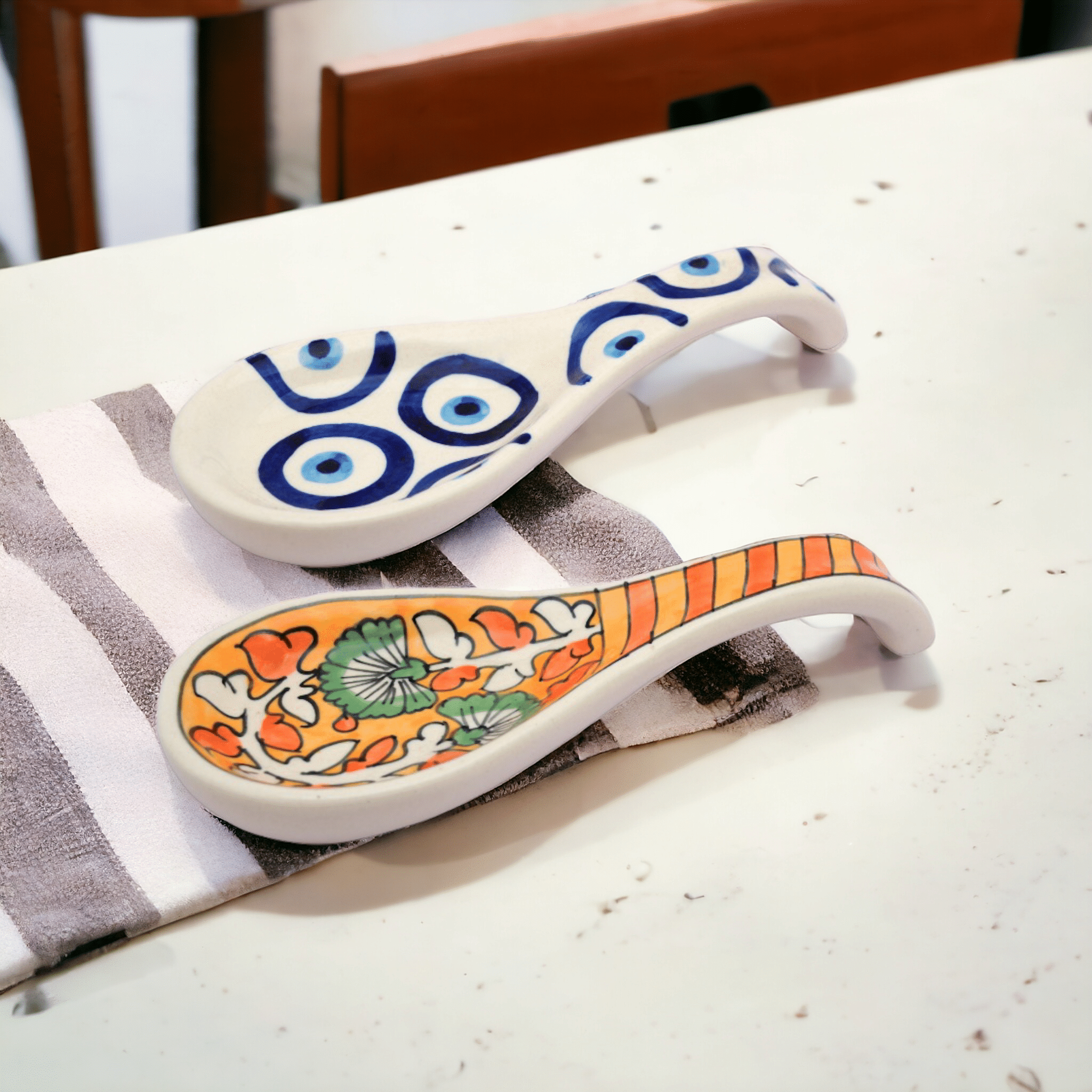 Malaikah Orange And White Blueprint Long Spoon Rest Ceramic Table Spoon Multi Color ( Pack of 2 ) Malaikah Orange And White Blueprint Long Spoon Rest Ceramic Table Spoon Multi Color ( Pack of 2 )