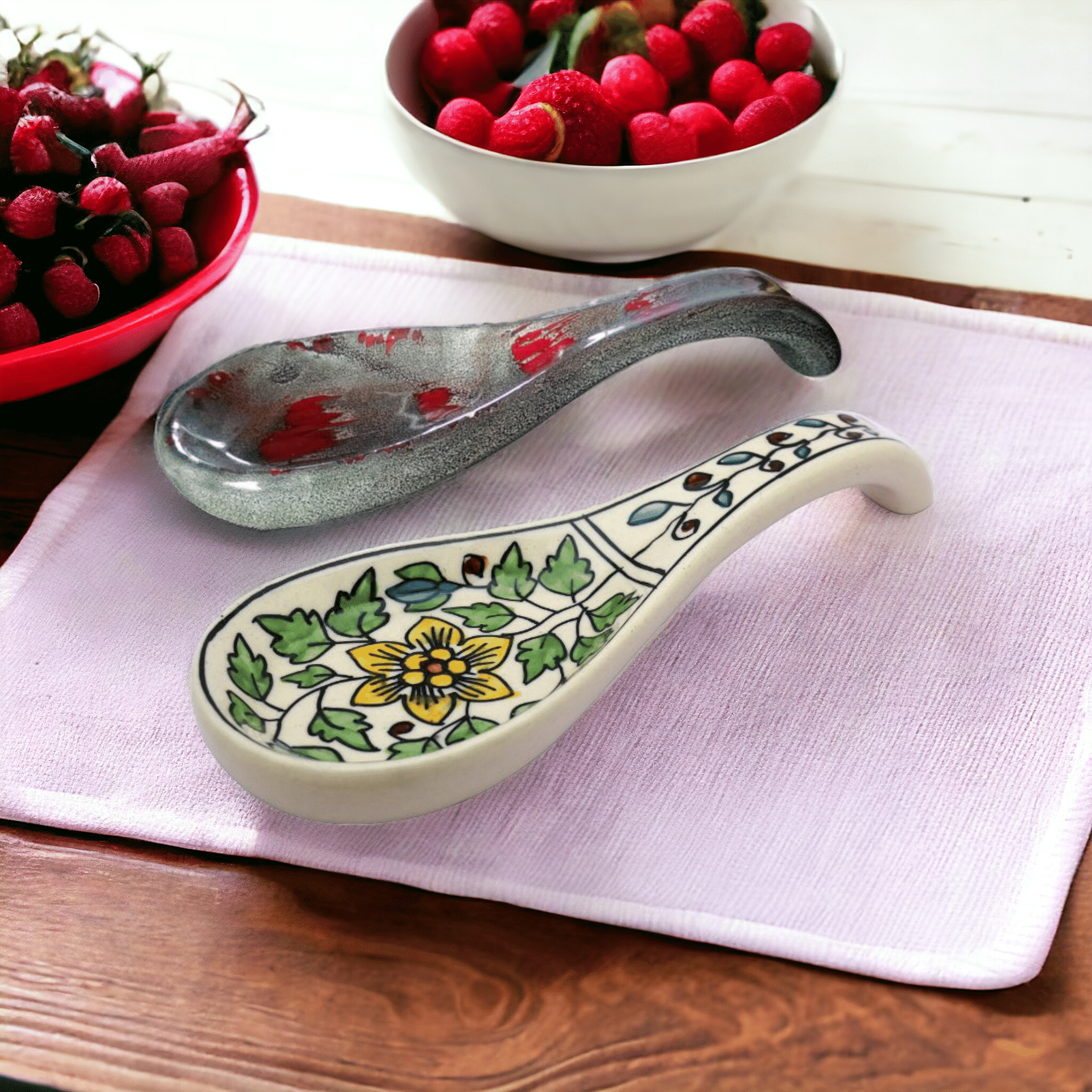 Malaikah Red And Green Long Spoon Rest Ceramic Table Spoon Multi Color ( Pack of 2 ) Malaikah Red And Green Long Spoon Rest Ceramic Table Spoon Multi Color ( Pack of 2 )
