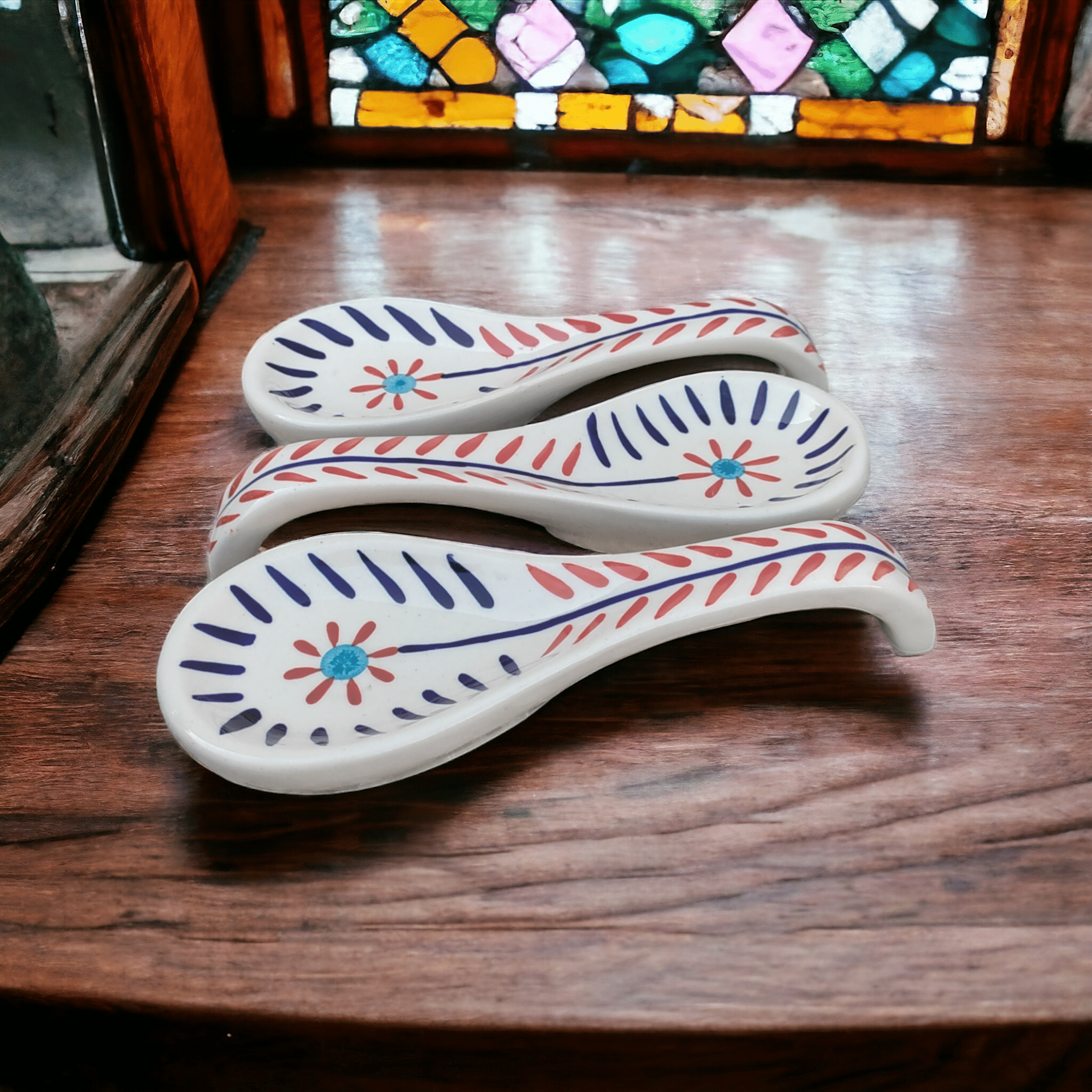     			Malaikah Red Leaf Spn Rst Ceramic Printed Cutlery Holder Light Blue ( Pack of 3 )
