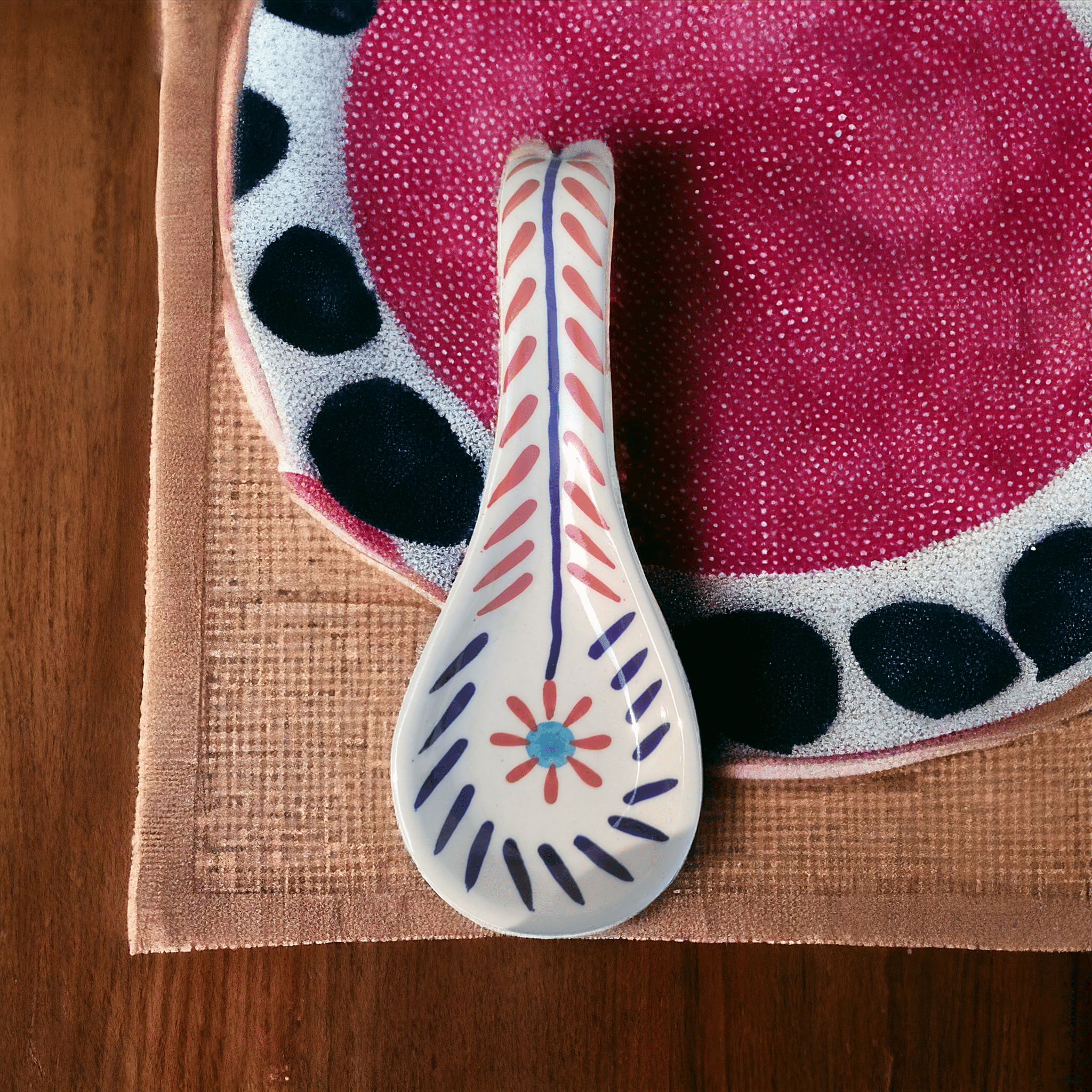     			Malaikah Red Leaf Spn Rst Ceramic Printed Soup Spoon Red ( Pack of 1 )