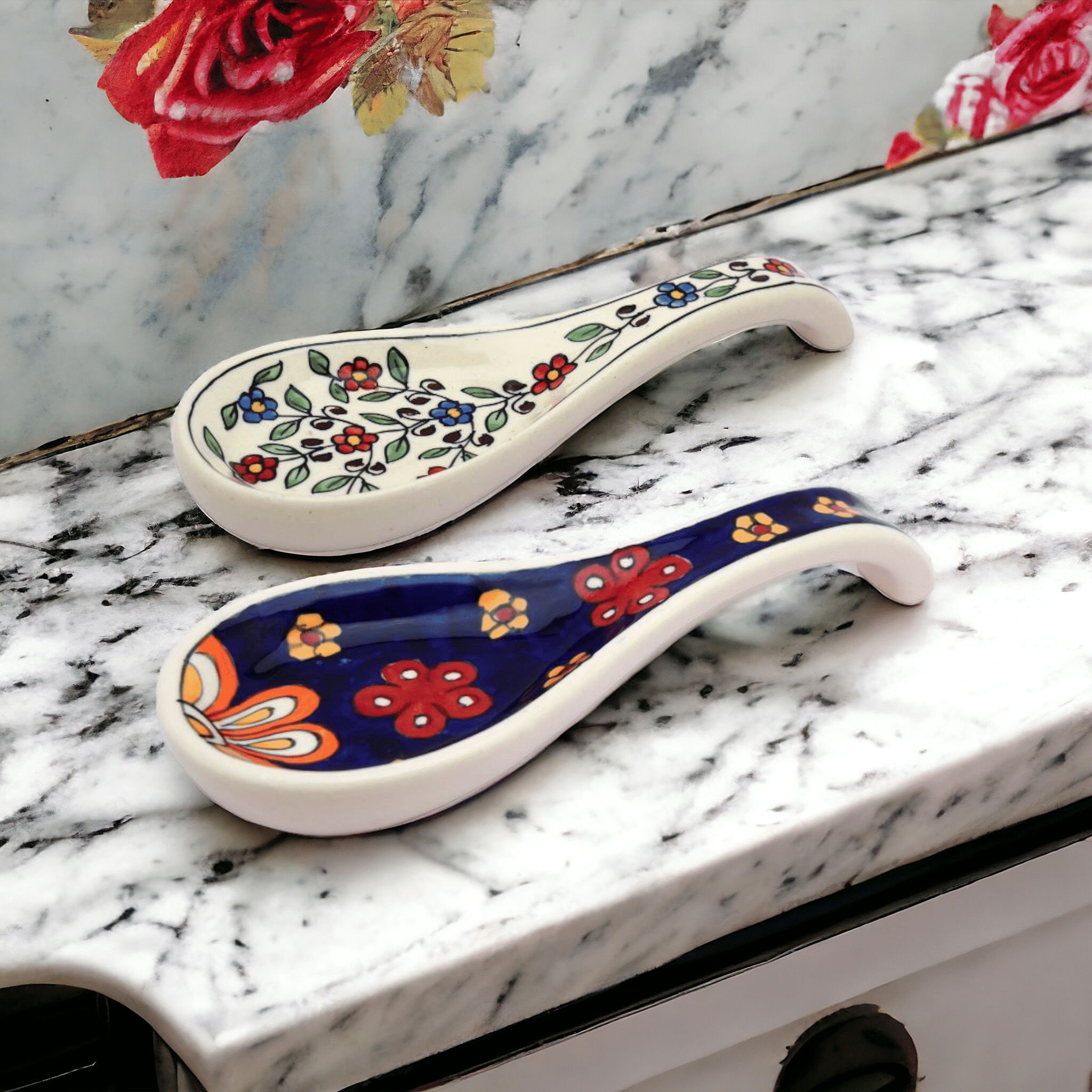 Malaikah White Blueprint And Multicolor Long Spoon Rest Ceramic Table Spoon Multi Color ( Pack of 2 ) Malaikah White Blueprint And Multicolor Long Spoon Rest Ceramic Table Spoon Multi Color ( Pack of 2 )