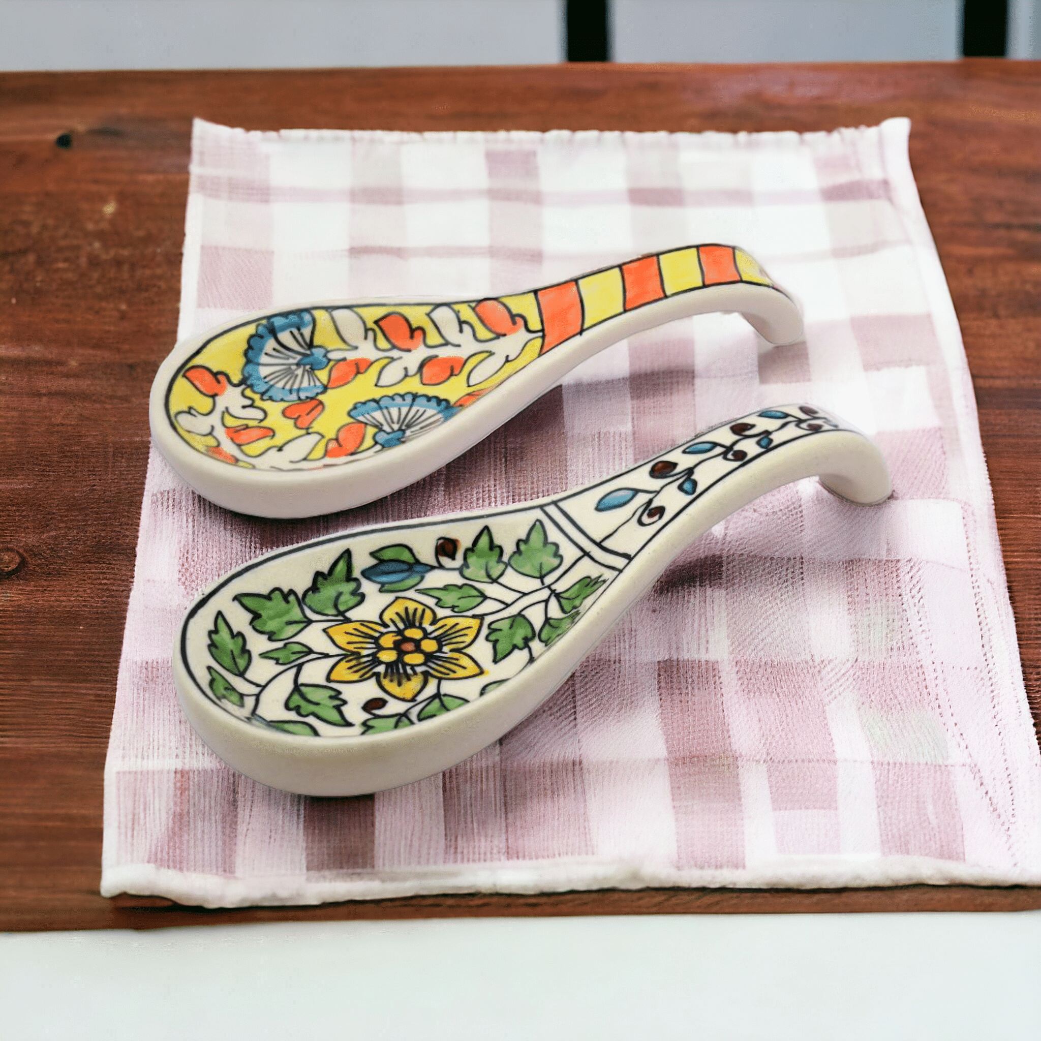     			Malaikah Yellow And Green Long Spoon Rest Ceramic Table Spoon Multi Color ( Pack of 2 )
