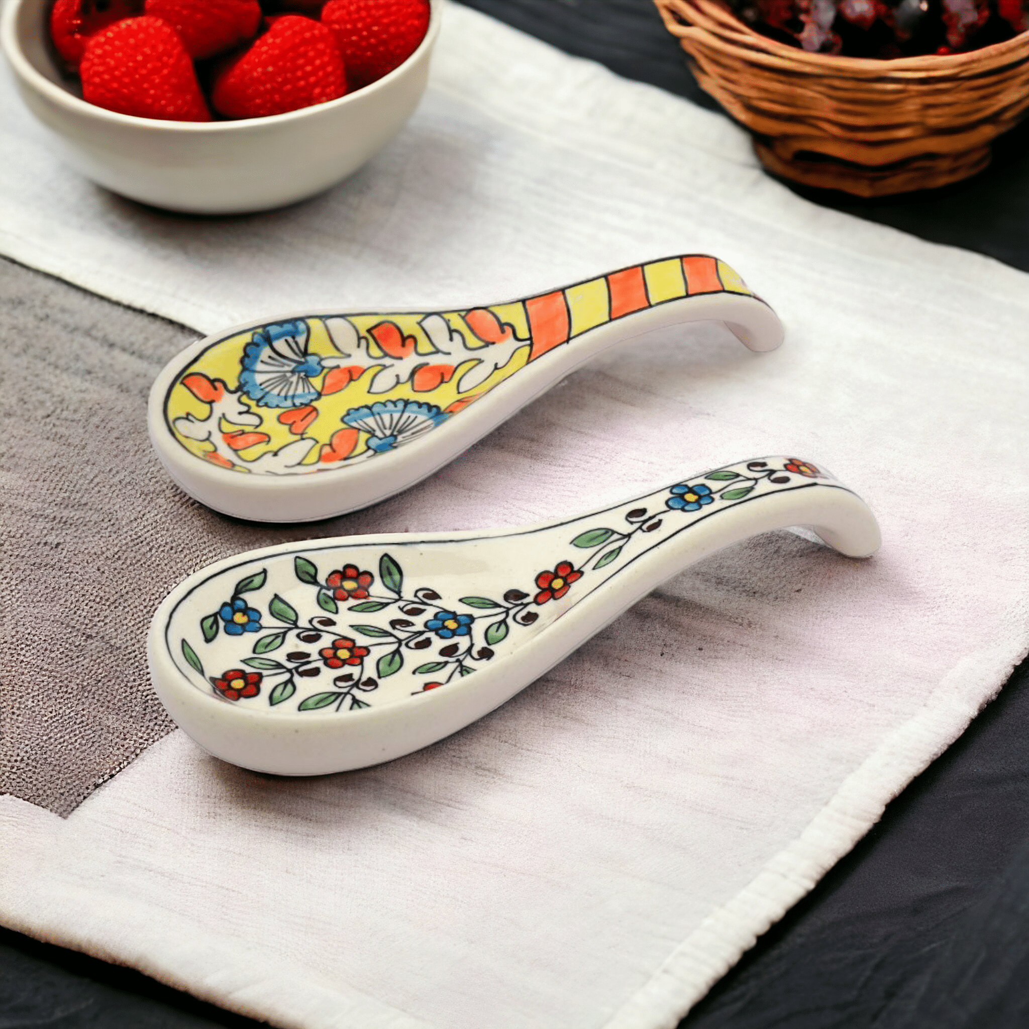 Malaikah Yellow And Multicolor Long Spoon Rest Ceramic Table Spoon Multi Color ( Pack of 2 ) Malaikah Yellow And Multicolor Long Spoon Rest Ceramic Table Spoon Multi Color ( Pack of 2 )