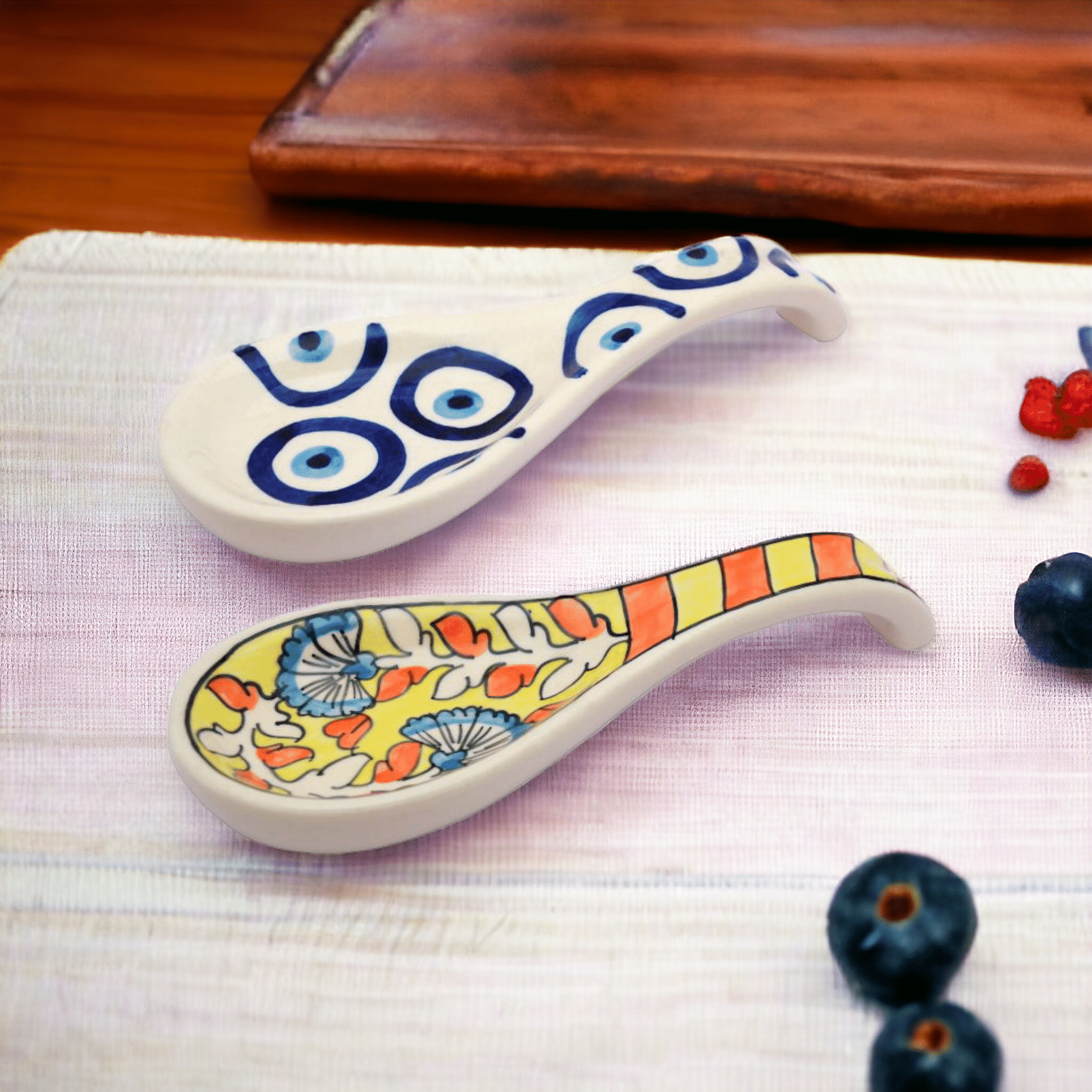Malaikah Yellow And White Blueprint Long Spoon Rest Ceramic Table Spoon Multi Color ( Pack of 2 ) Malaikah Yellow And White Blueprint Long Spoon Rest Ceramic Table Spoon Multi Color ( Pack of 2 )