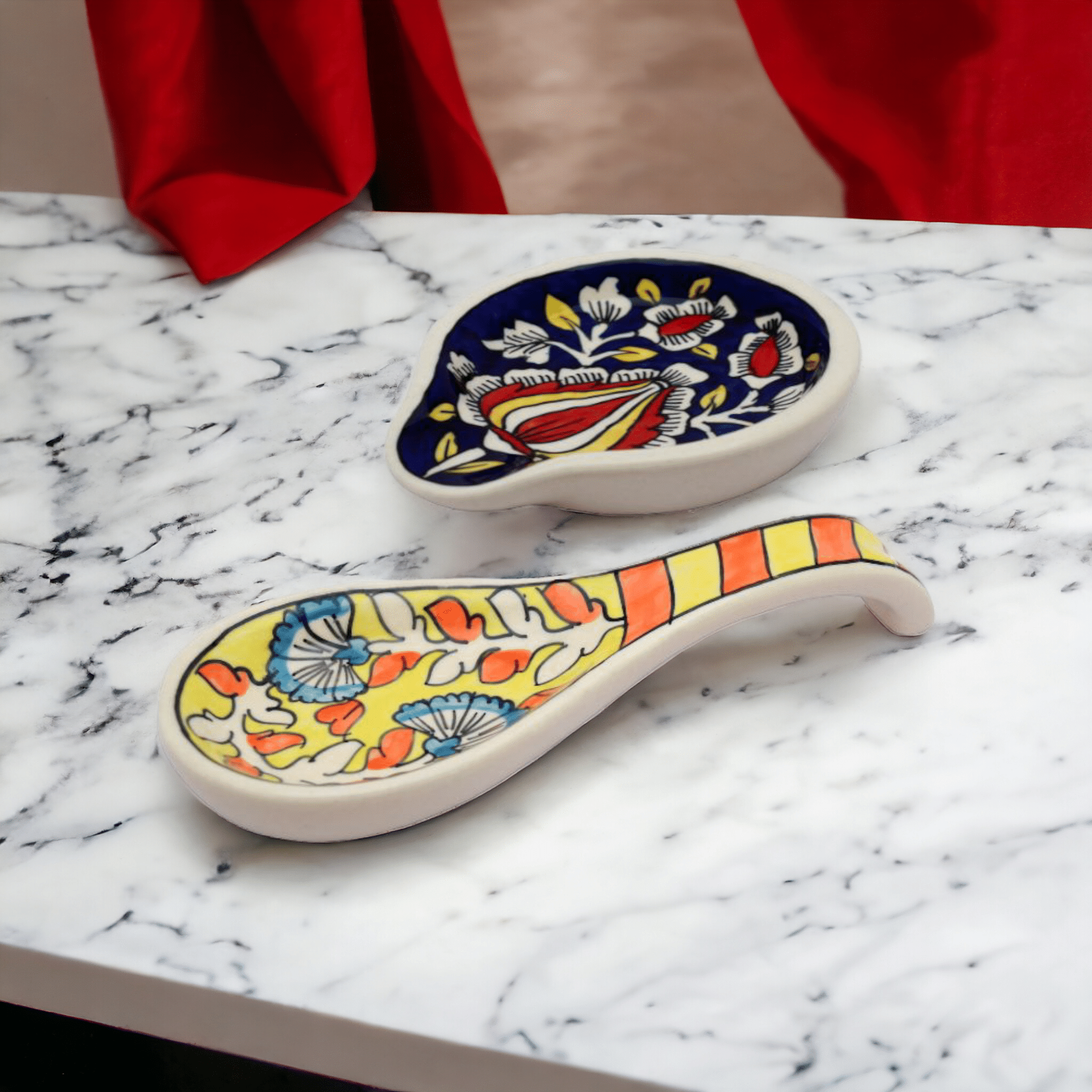     			Malaikah Yellow Long And Blue Round Spoon Rest Ceramic Table Spoon Multi Color ( Pack of 2 )