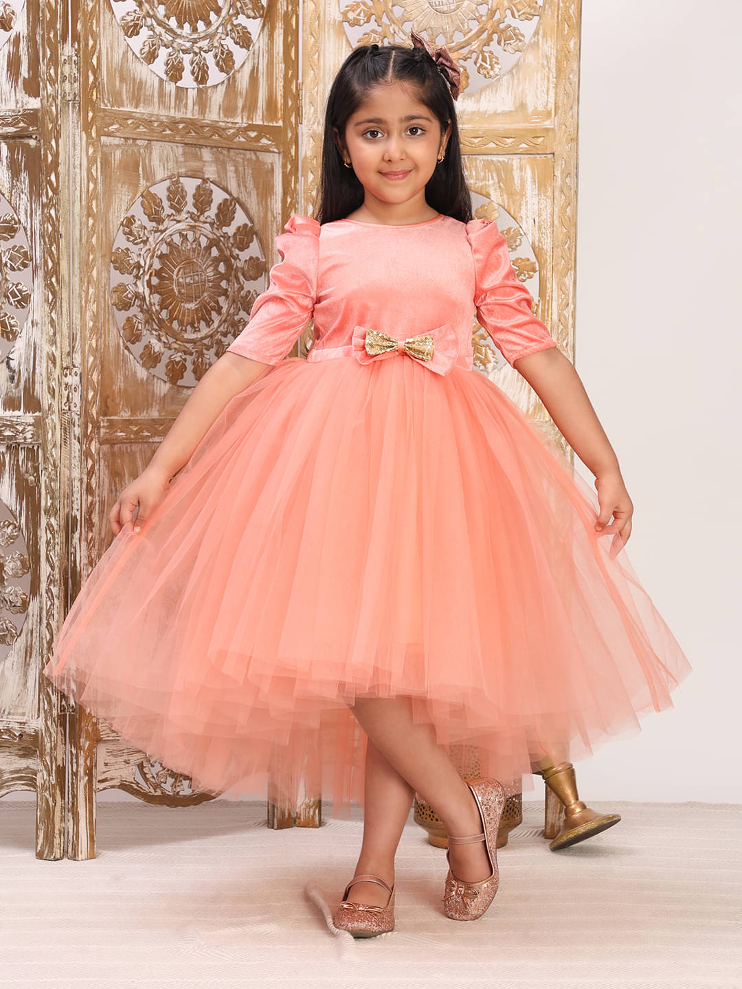     			Toy Balloon Kids Velvet Dress For Girls ( Pack of 1 , Peach )