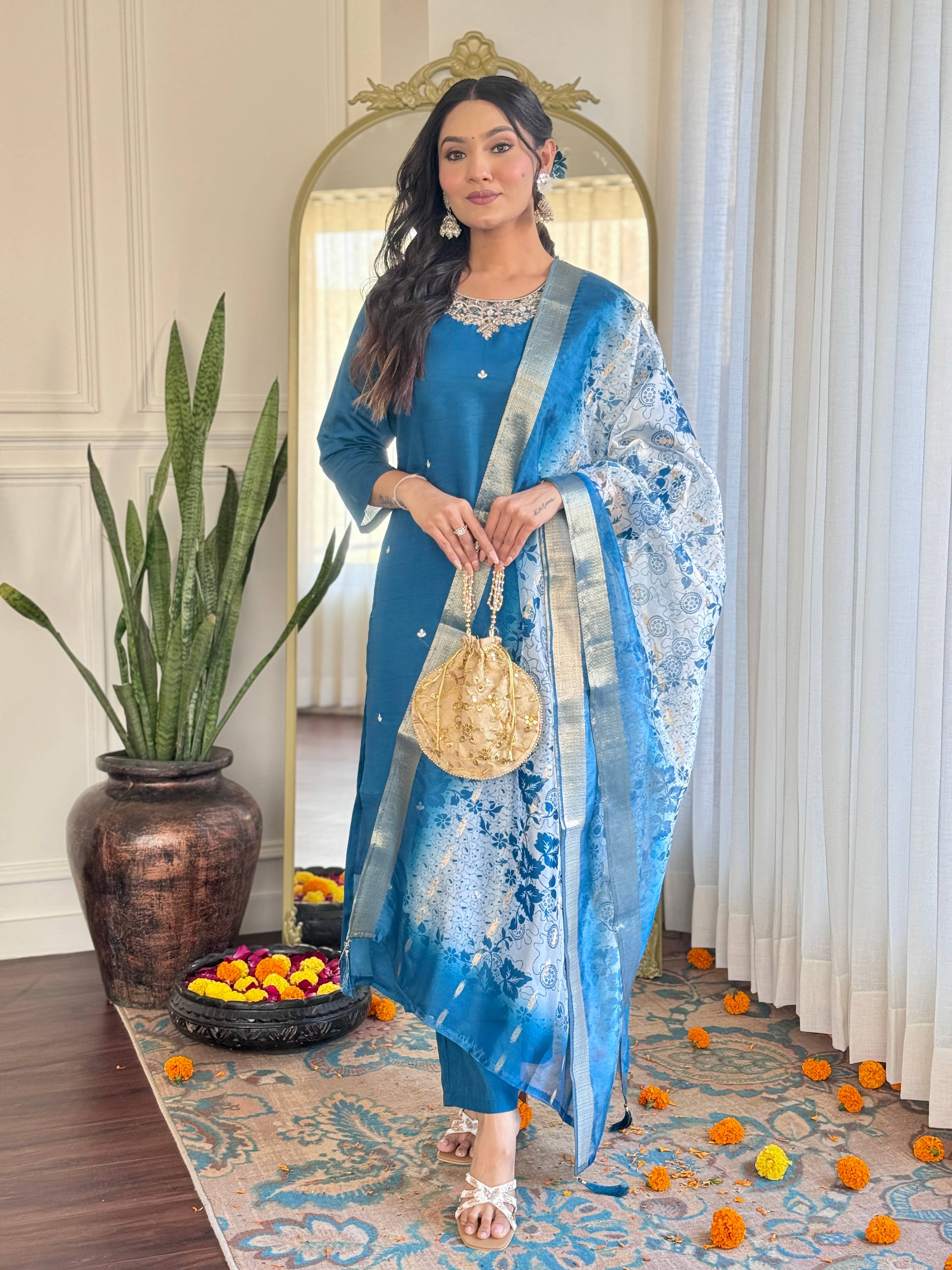Vaidehi Fashion Women Cotton Silk Embroidered Straight Kurti With Pants ( Blue ) Vaidehi Fashion Women Cotton Silk Embroidered Straight Kurti With Pants ( Blue )