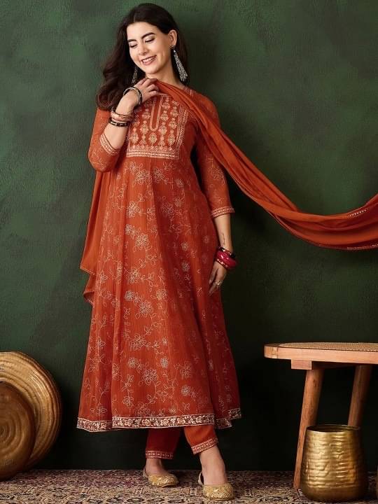    			Vaidehi Fashion Women Georgette Embroidered Anarkali Kurti With Pants ( Rust )