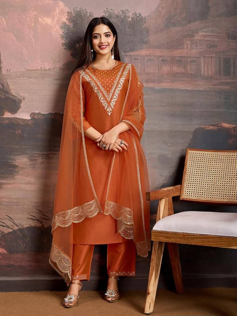 Vaidehi Fashion Women Viscose Embroidered Straight Kurti With Pants ( Rust ) Vaidehi Fashion Women Viscose Embroidered Straight Kurti With Pants ( Rust )