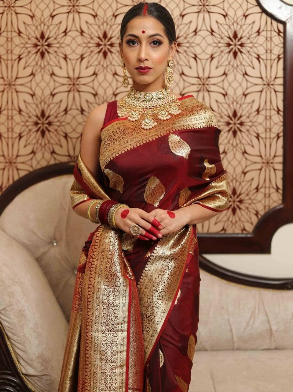 fab woven Art Silk Woven Kanjeevaram Sarees With Unstitched Blouse Piece ( Maroon ) - Sarees | Buy online on ZillyBuy