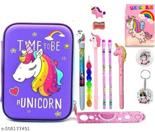     			13Pcs Unicorn Theme 3D Embossed Pouch with School Stationery Unicorn Gift Pack for Party Favor Gift, Return Birthday Gift, Diwali, Christmas Gift New Year Gift Art Polyester Pencil Box  (Set of 1, Multicolor)