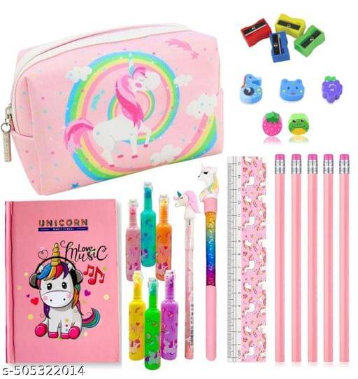     			25PCS Stationary set for girls cute school supplies essentials bundle includes Pouch, Sharpener, cartoon erasers, A6 DIARY, 6 pcs highlighter , pencil, gel pen , scale , 5 pencils ( Pack of 25 )