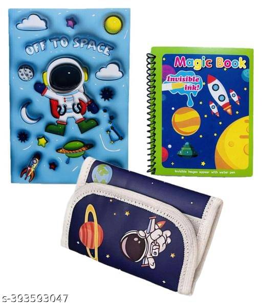     			( 3PCS)  COMBO OF COMBO OF SPACE THEME 3D PRINT A6 DIARY WITH MAGIC BOOK AND SPACE WALLET FOR KIDS