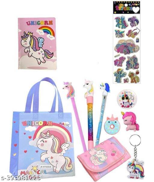     			6 Pcs Unicorn party favour return gift set for kids girls 3D print Unicorn pouch with Unicorn Eva material bag with pens, scale and keychain