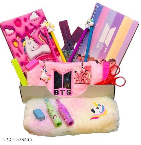     			6PCS Combo of Unicorn fur pouch with unicorn stationary sticker, diary, pens