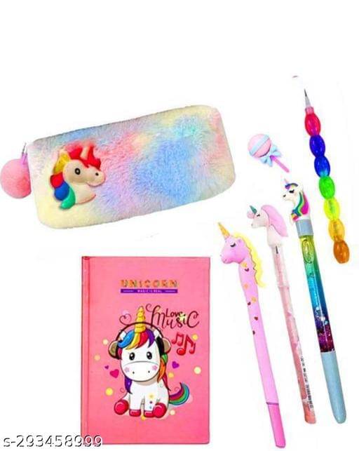     			7 PCS. UNICORN THEME SET FOR KIDS (A6 SIZE DAIRY,UNICORN FUR POUCH,STAR PEN,WATER GLITTER PEN, PENCIL,UNICORN PENCIL AND ERASER
