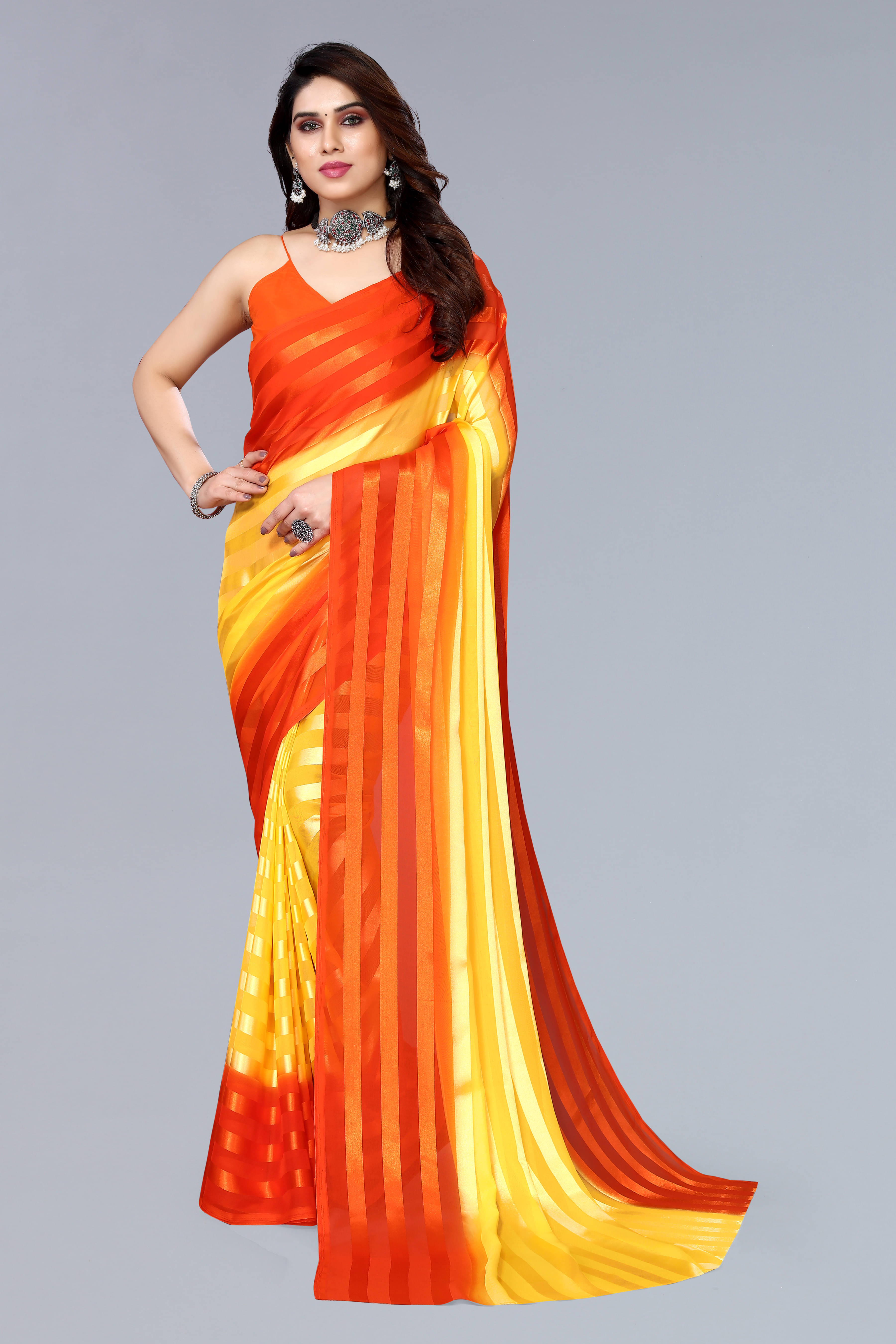     			ANAND SAREES Satin Striped Kasavu Saree With Unstitched Blouse Piece ( Orange )