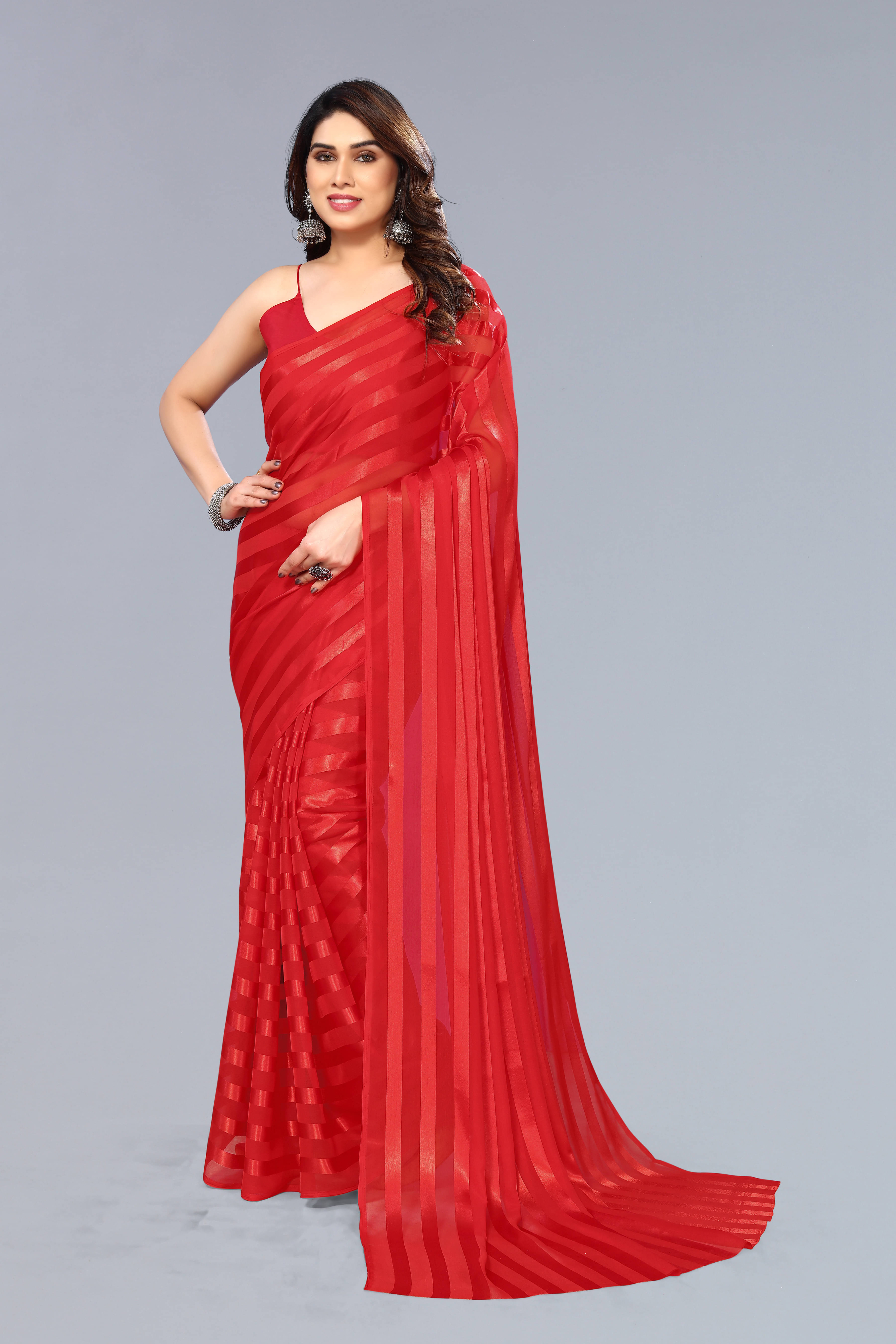 ANAND SAREES Satin Striped Kasavu Saree With Unstitched Blouse Piece ( Red ) ANAND SAREES Satin Striped Kasavu Saree With Unstitched Blouse Piece ( Red )