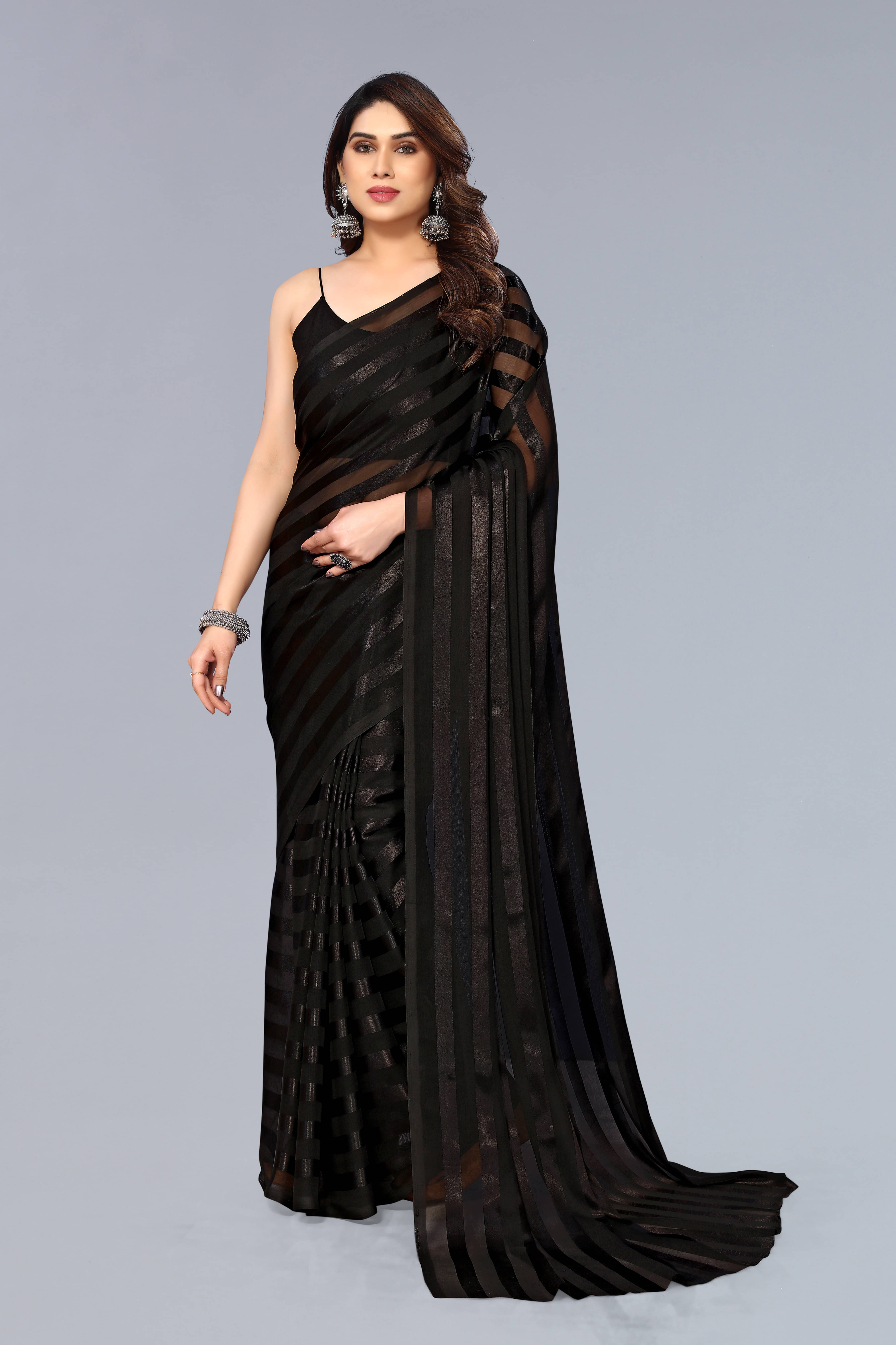 ANAND SAREES Satin Striped Kasavu Saree With Unstitched Blouse Piece ( Black ) ANAND SAREES Satin Striped Kasavu Saree With Unstitched Blouse Piece ( Black )